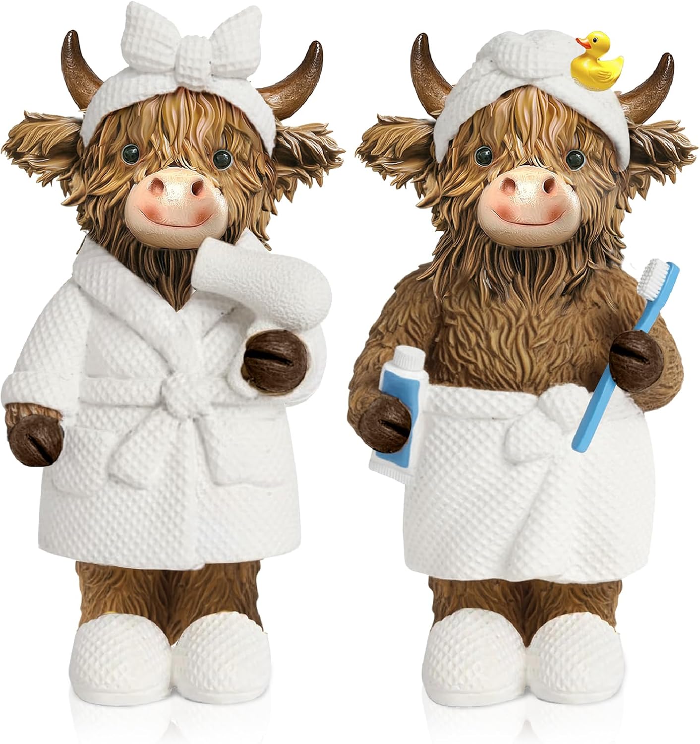 2 Pcs Highland Cow Bathroom Figurine Bathroom Highland Cow Decor Gnomes Bath Decor Scottish Resin Statue Calf Lovers Gifts for Farmhouse Home Garden Kitchen Office Tiered Tray Table Decoration