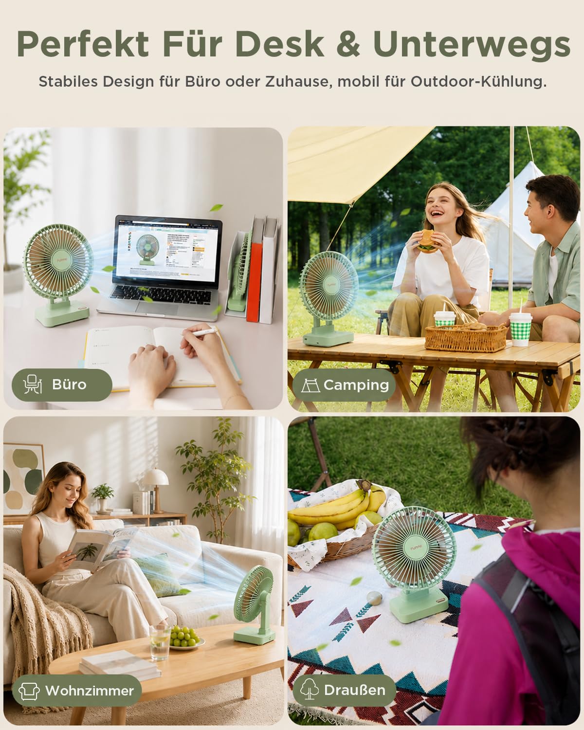 Funme Tischventilator 10000mAh Akku 29H, 90° Neigbar 3-Stufen Desktop Ventilator Leiser, Ventilator für Zuhause, Büro, Schlafzimmer, Reisen, Camping, Grün