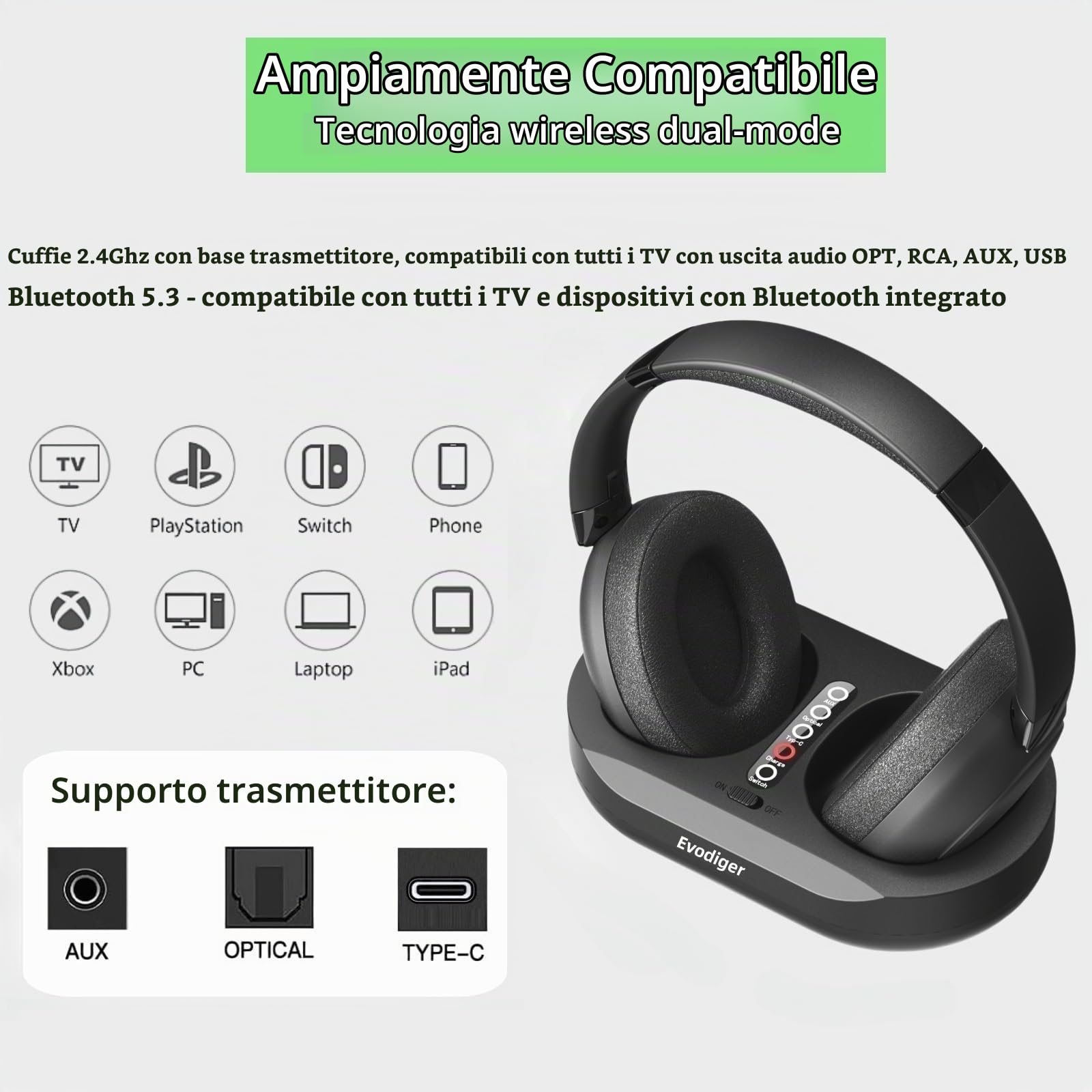 Cuffie TV Senza Fili per Anziani, Cuffie TV Wireless con Base di Ricarica Del Trasmettitore, Comode Cuffie Over-Ear, Batteria a Lunga Durata, Facile Controllo del Volume, Ideali per Guardare la TV