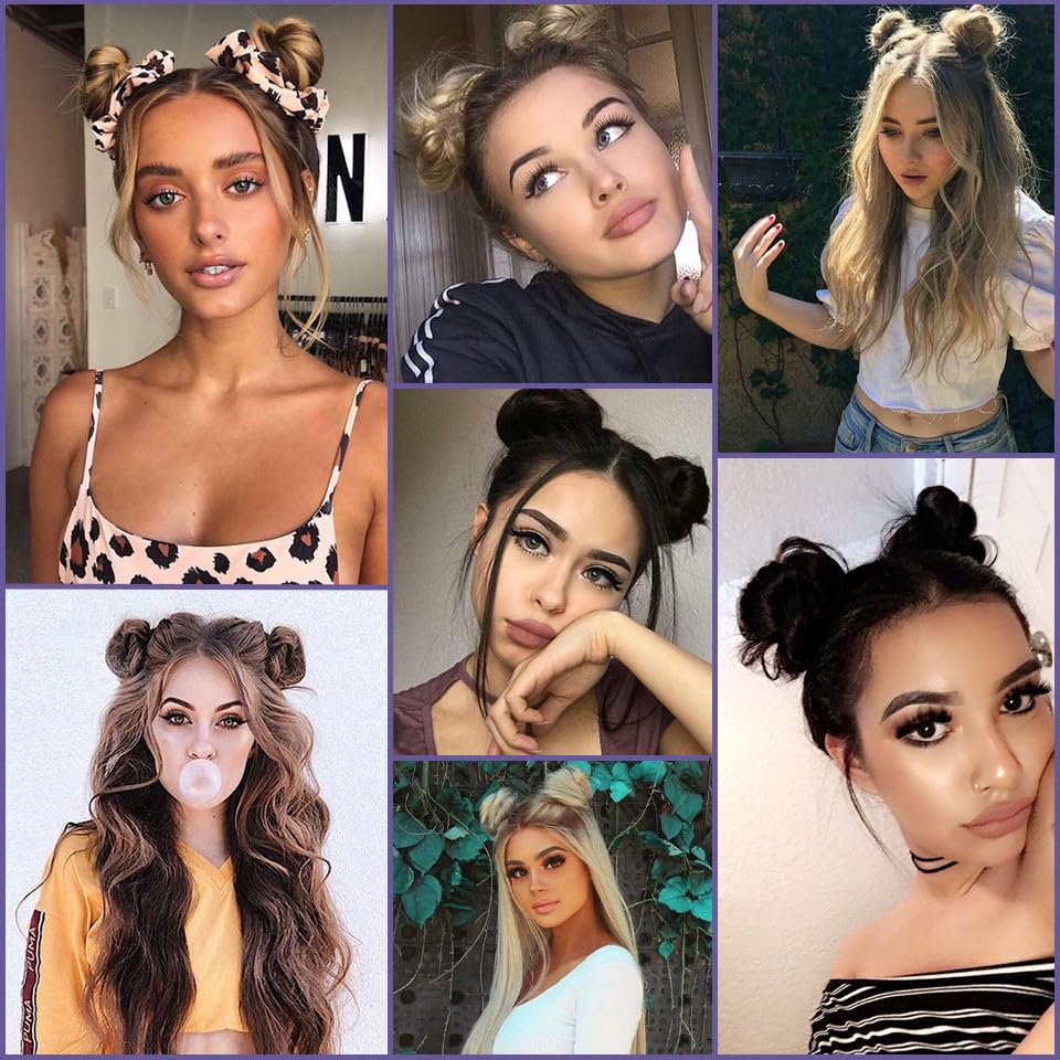 Miniatura 7 de 2 piezas de extensiones de cabello con clip de pinza en moño desordenado con orejas de gato, extensiones de pelo sintético falso, moños espaciales,