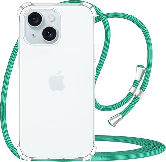 for iPhone 15 Plus Transparent Case Adjustable Neck Strap Case Soft TPU Bumper Cover Rubber Shockproof Protective Phone Case with Lanyard Crossbody for iPhone 15 Plus - Teal Green