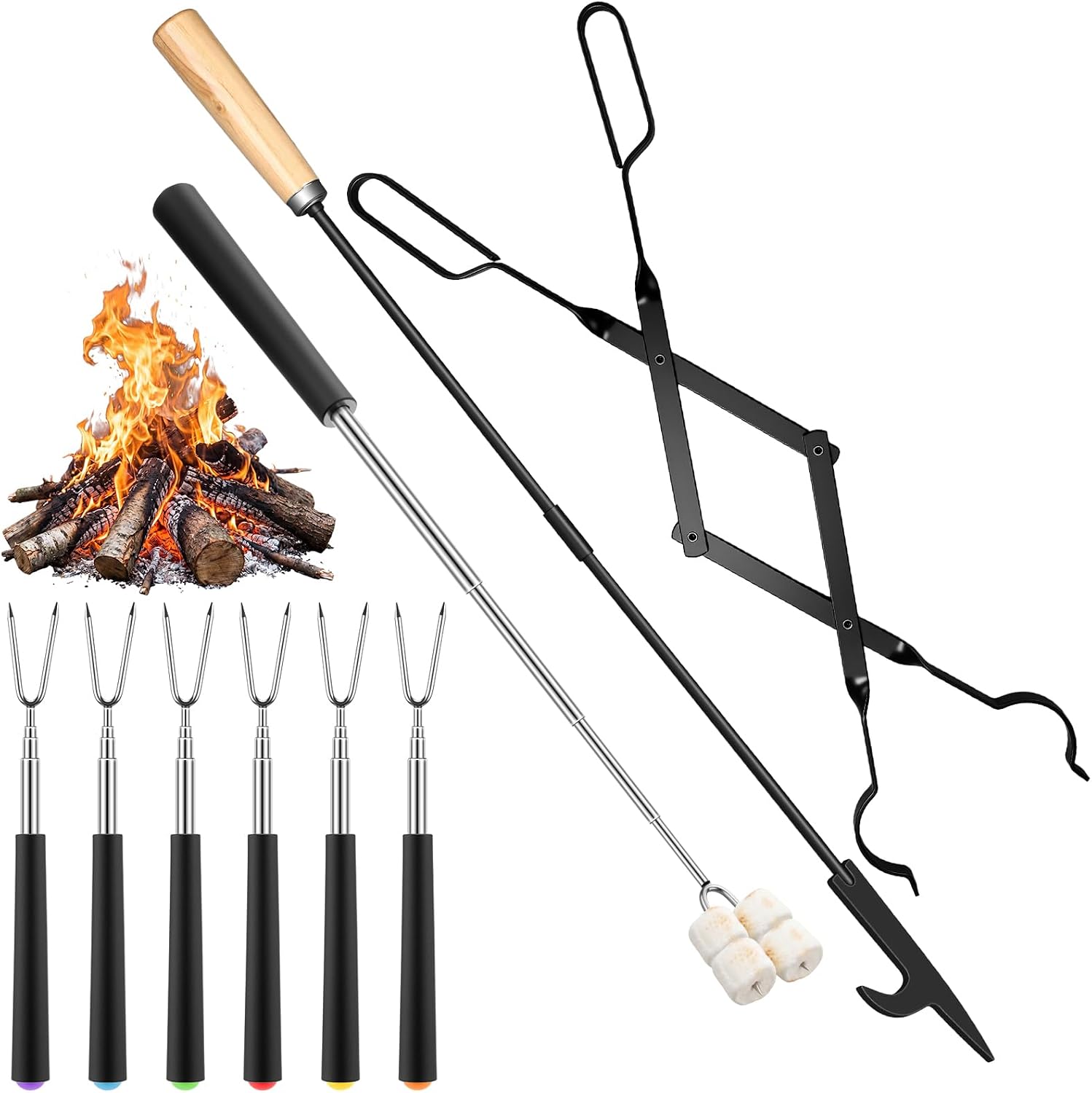 Patelai 8 Pieces Smores Sticks Set 6 Smores Roasting Sticks with 32.6" Fire Poker and 25.3" Fireplace Tongs Stainless Steel Extendable Hot Dog Fork for Fire Pit Campfire Fireplace(Black,Size 1)