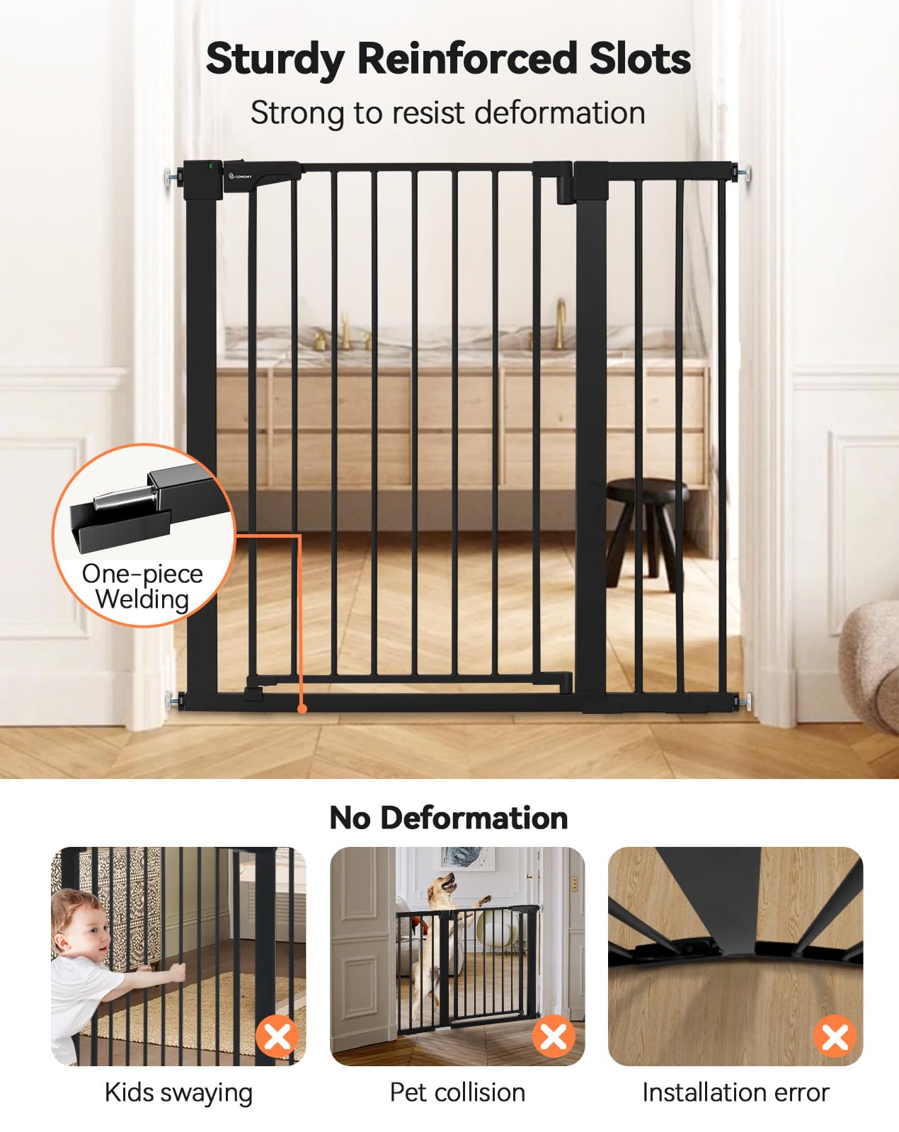 COMOMY 91,5cm Cancelletto per cani Extra Alto, per Scale e Porte, 75 a 103cm di Larghezza, Montato a Pressione Cancellino Bambini di Sicurezza Extra Largo a Chiusura Automatica per Casa, Nero
