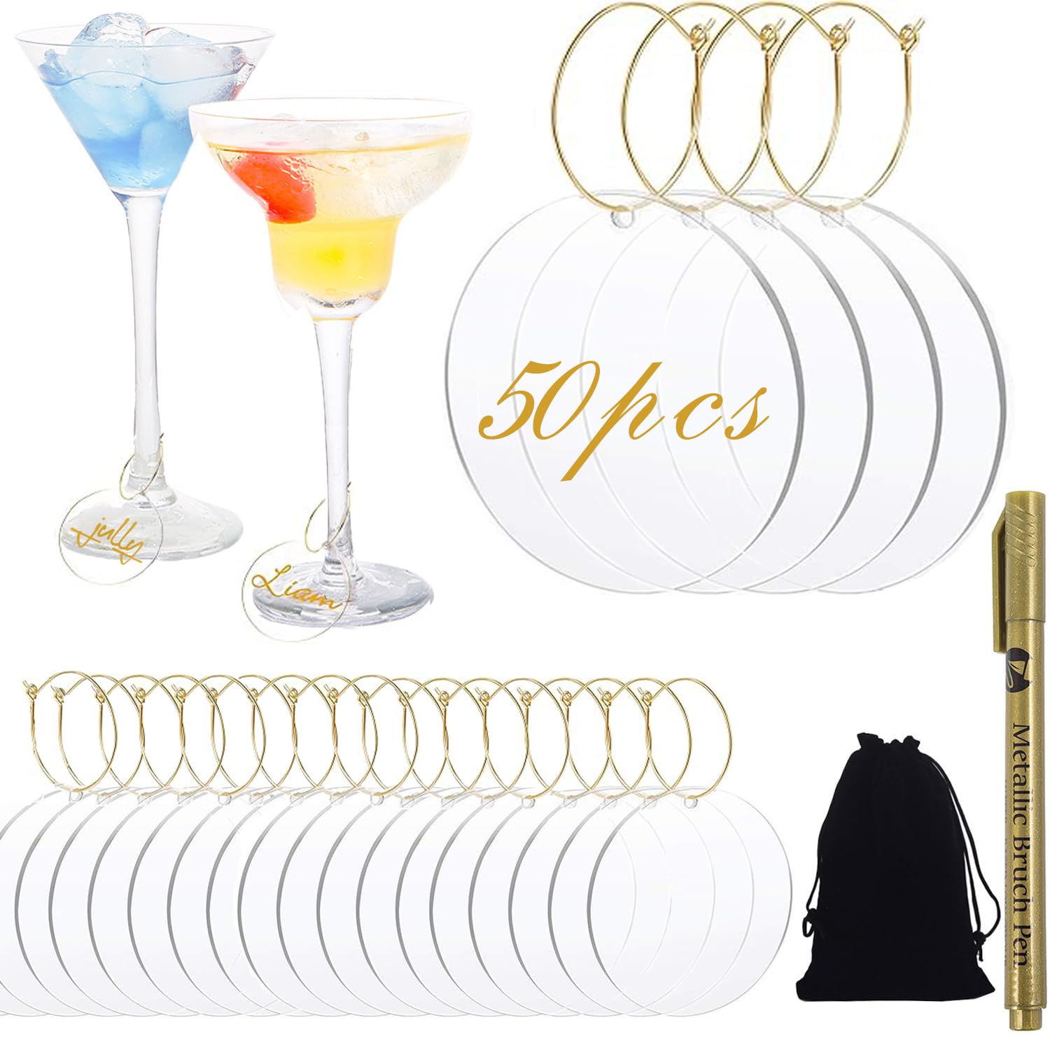 Eubeneortho 50pcs DIY Acrylic Wine Glass Charms with Pen for Stem Glasses，Stem Glass Identifier Tag, Drink Markers Wine Tasting Party Decorations