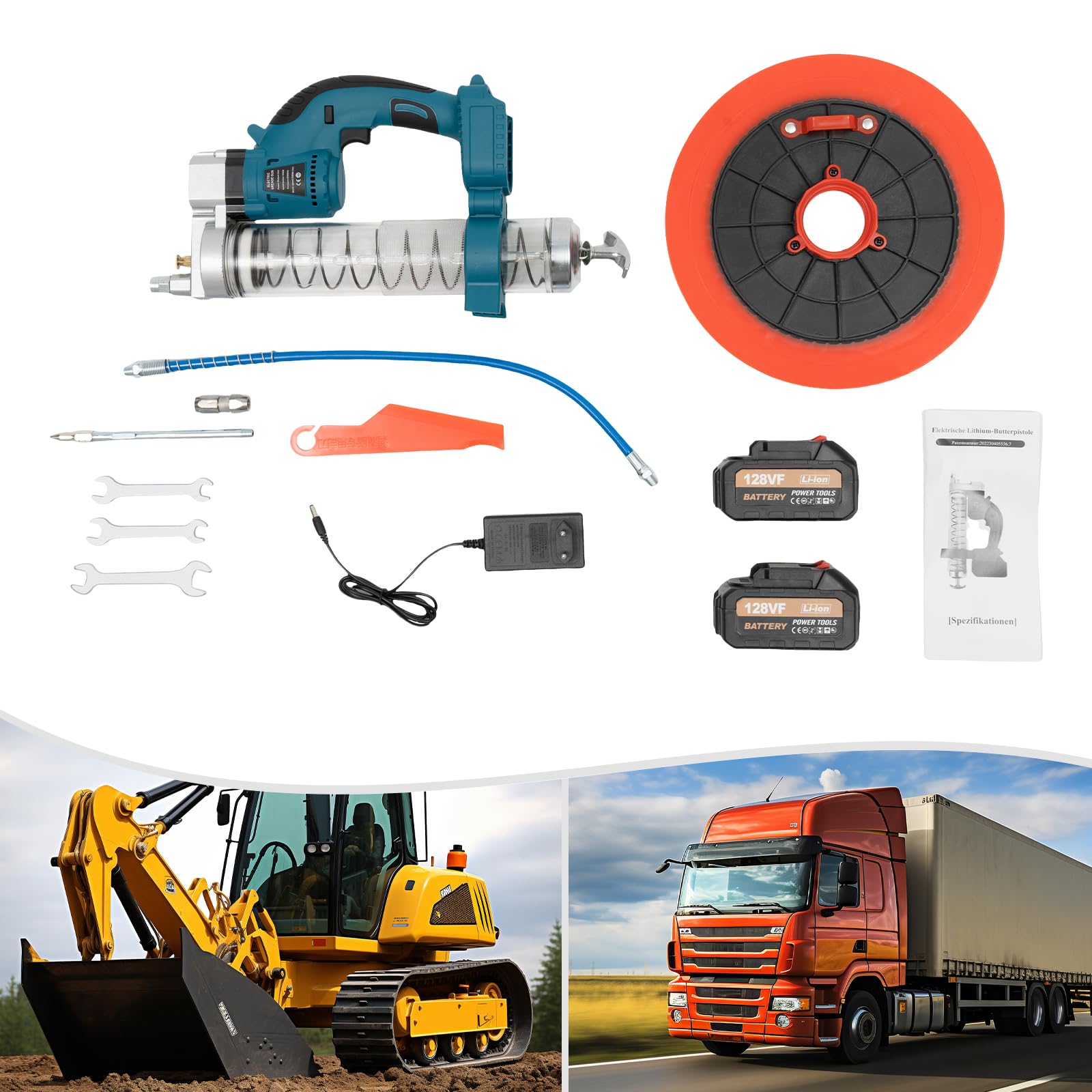 Akku Fettpresse Fettpistole mit 2 Batterien für Fahrzeug Maschinen Landwirtschaft und Industrie mit flexiblem Schlauch 50cm und Hartrohr 80cm 560W Motor 6000psi Druck