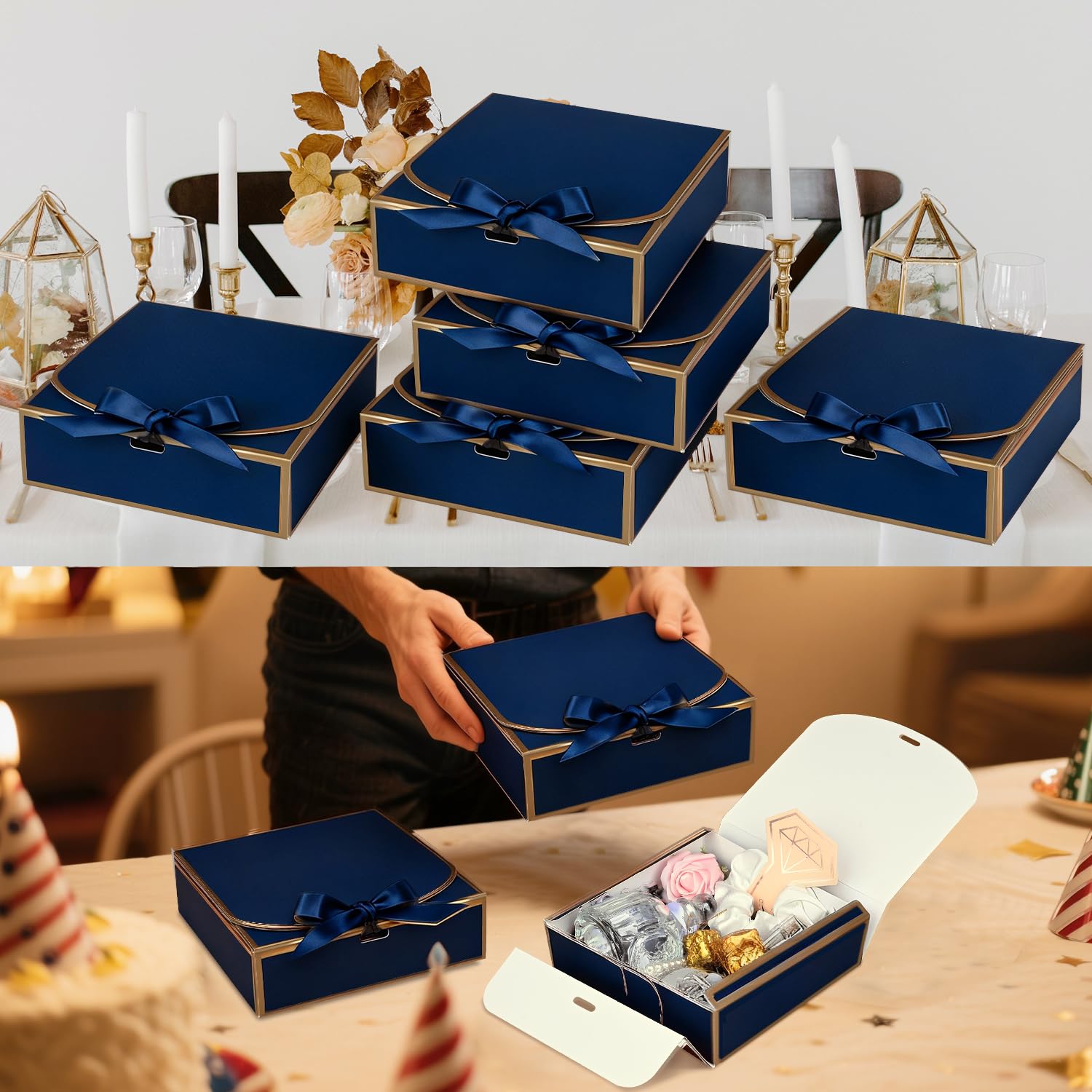 10Pack Small Gift Boxes, 6.5''x6.5''x2'' Blue Gift Boxes with Ribbon, Small Boxes for Gifts Birthday Wedding Party Valentine's Day Mother's Day