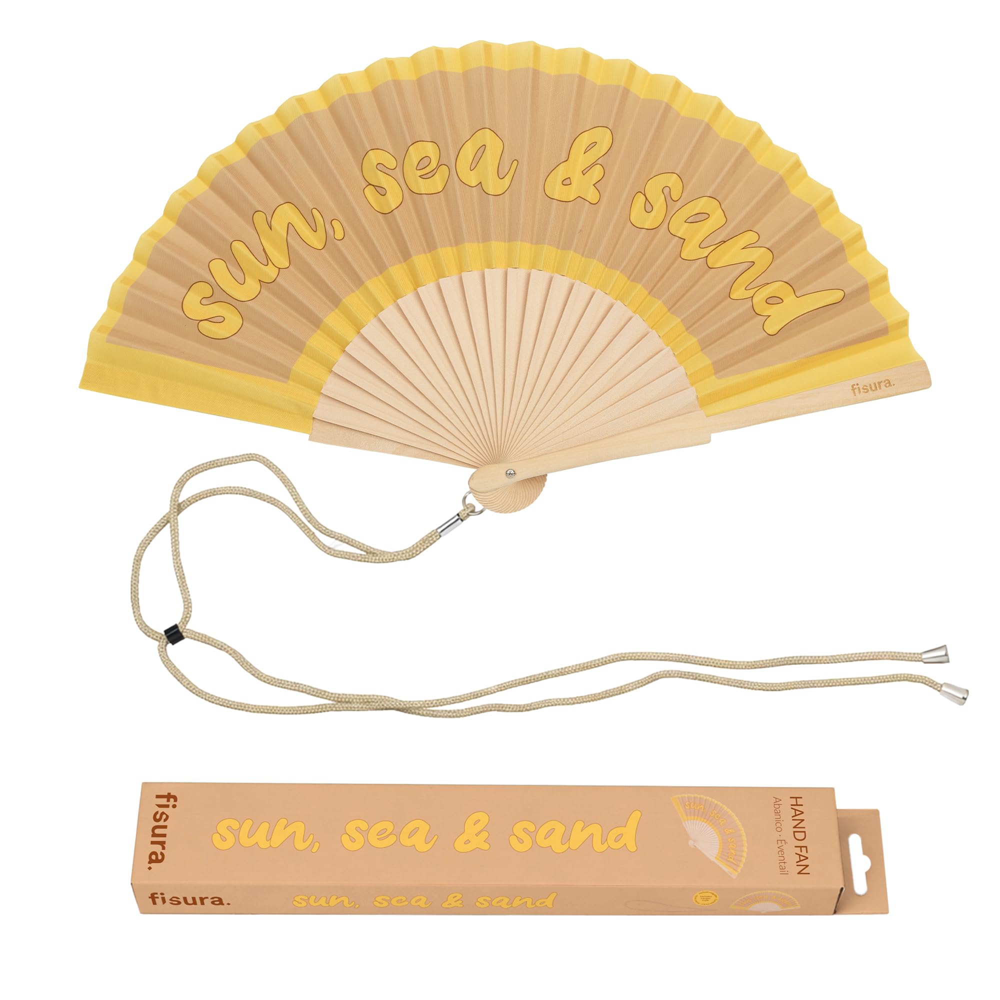 Fisura – Original “Sun, Sea & Sand” Message Folding Fan, Modern and Colourful Folding Handheld Fan, Brown Design for Wedding, Rave, Festival - Includes Strap. Size: 42.5 x 23 cm