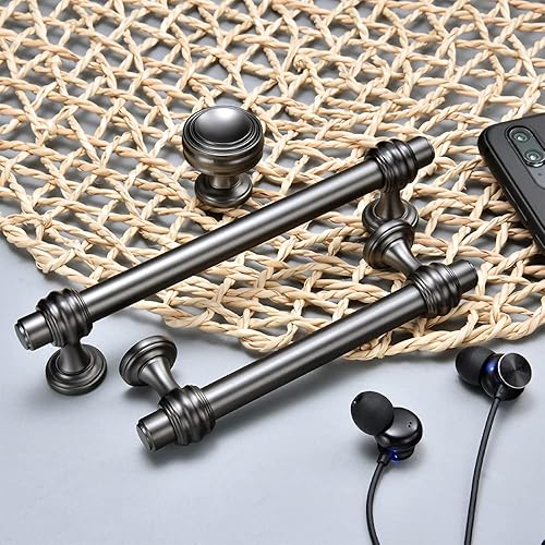 Miniatura 2 de Paquete de 6 manijas de gabinete de níquel cepillado negro, 5 pulgadas, 5.039 in, centro de agujero, modernos tiradores de gabinete de cocina, baño,