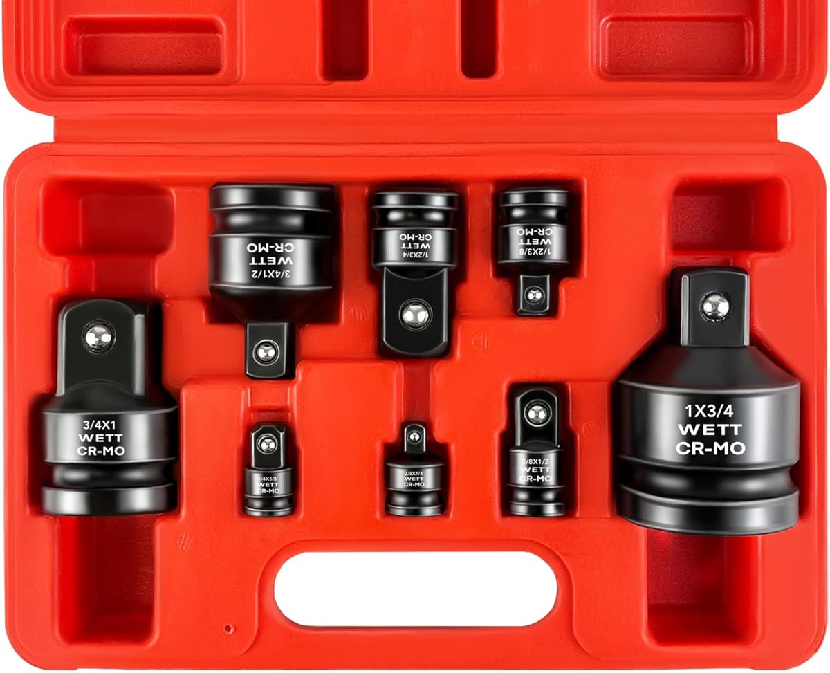 WETT Impact Socket Adapter and Reducer, 8-Piece 1" 3/4" 1/4" 3/8" 1/2" SAE Drive Socket Adapter Set, Square Adapter Reducer, Impact Driver Wrench Conversion Set