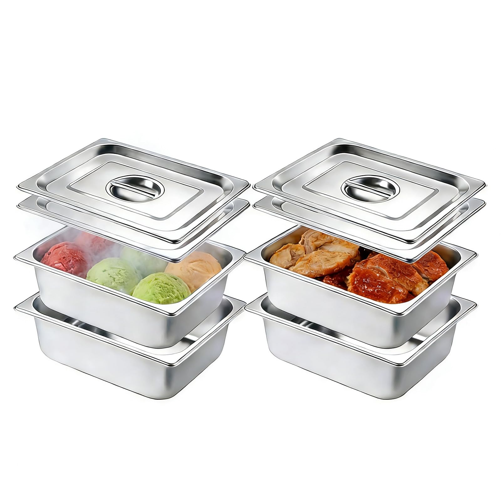 Photo 1 of 1/2 Half Size Hotel Pan with Lids, 4 Pack 4'' Deep Steam Table Pan with Lid, Stainless Steel Food Pans 12.7" L x 10.4" W Buffet Pan, Commercial Stainless Steel Pan for Home, Party, Restaurant, Hotel