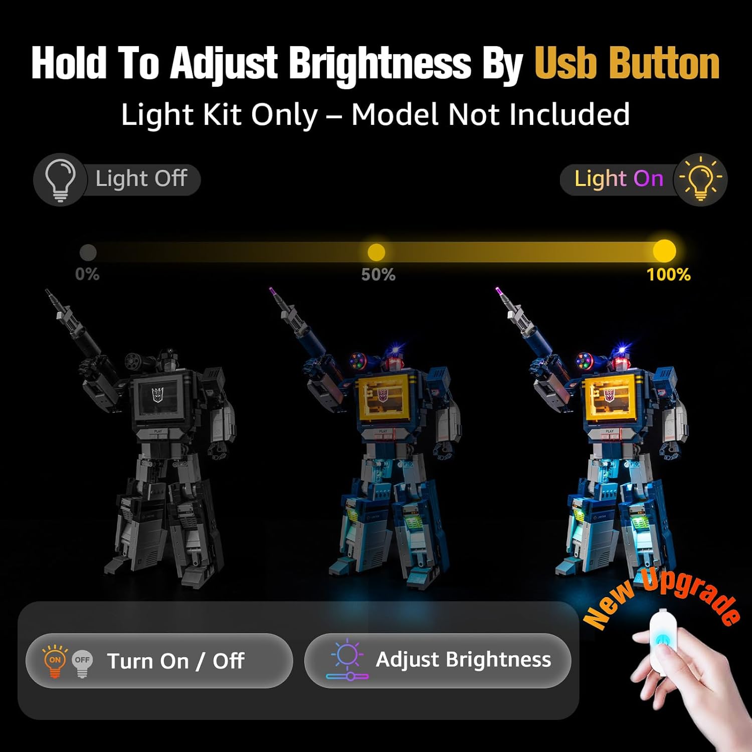 Diagram showing the one-touch brightness control feature of the BrickSoul Light Up Kit, with light levels from 0% to 100%