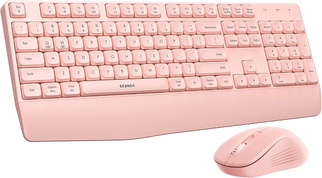 seenda Wireless Bluetooth Ergonomic Keyboard Mouse Combo, Full Size, Pink | USB/Bluetooth multi-device switching, with wrist rest, number pad, and quiet operation for PC, laptop, Mac, MacBook, and iPad