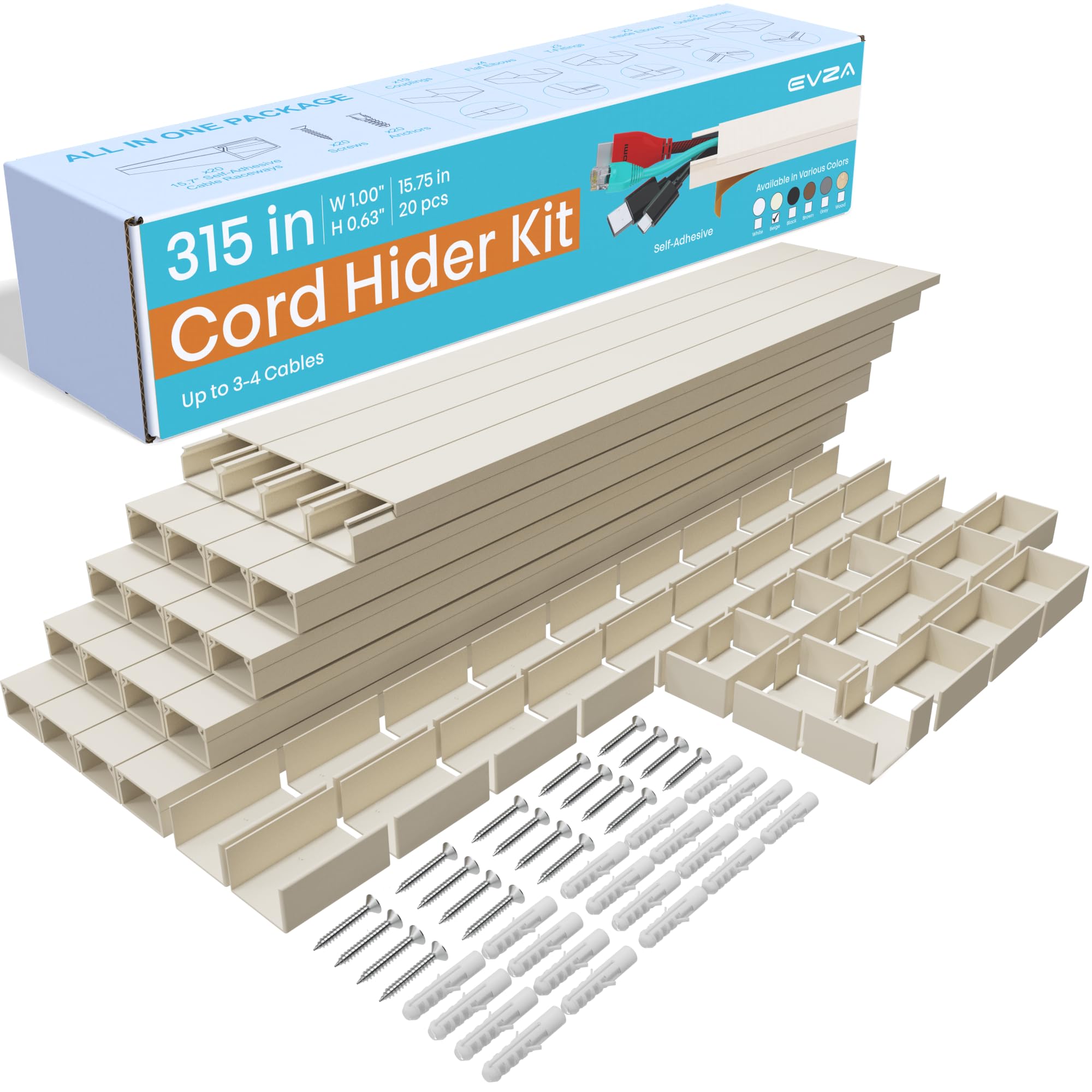 EVEO Cord Cover Raceway - 306" Beige Cable Concealer Kit, Wire Hider For TV On Wall, Cable Management (18 Pieces, 17" Each)