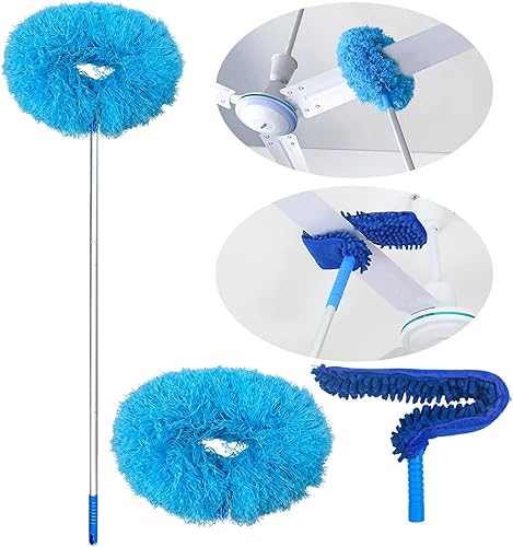 Limpiador de ventilador de techo con mango largo de extensión, 2 en 1, reutilizable, ventilador de microfibra, limpiador de cuchilla, extraíble y