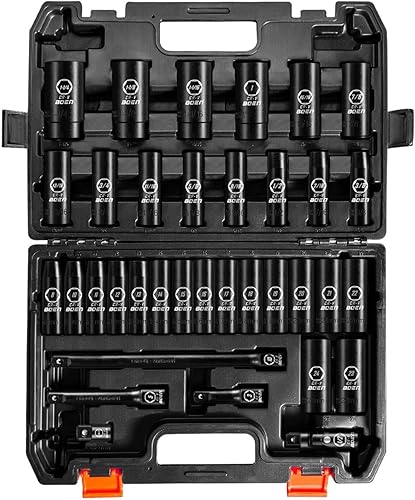 BOEN Juego de 35 piezas de llaves de impacto profundo con guía de 1/2 pulgada - SAE 3/8"-1-1/4" y métrico 8-24mm, extensiones, junta y adaptador,
