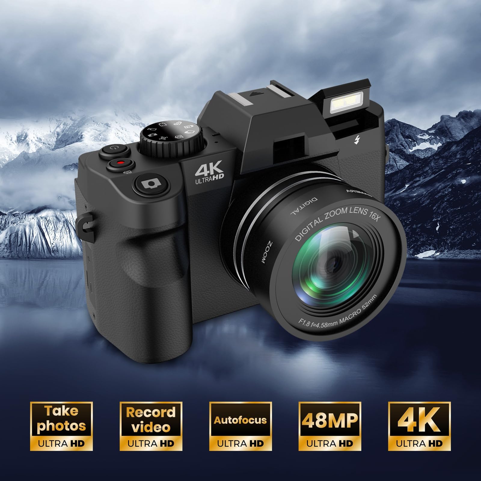 Cámara digital para fotografía, cámara fotografica video enfoque automático de 48 MP con WiFi Auto-Focus Vlog cámara para YouTube con pantalla abatible zoom 16X con lector de tarjetas micro SD de 32