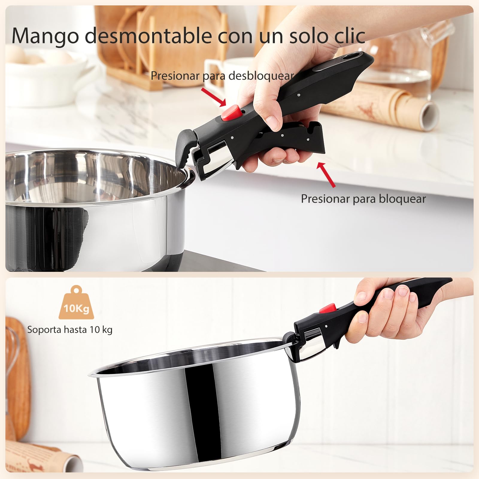 Juego de Ollas y Sartenes 7 Piezas, Ollas acero Inoxidable, sin PFAS | Mango Desmontable, Sartén sartenes antiadherentes 20/26 cm, 2×Cacerola 16/20 cm, Tapas, para Inducción y Todas las Cocinas