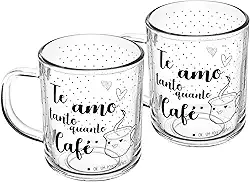 LYOR - Conjunto 2 Canecas em Vidro para Café com Frase ''Te Amo'' - Capacidade 220ml