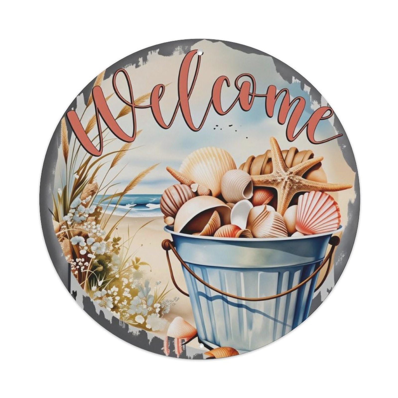 Coastal Beach Seashell Welcome Round Sign Vintage Aluminium Metal Sign, Retro Wall Decor for Home, Bar, Garage & Farmhouse 20x20cm