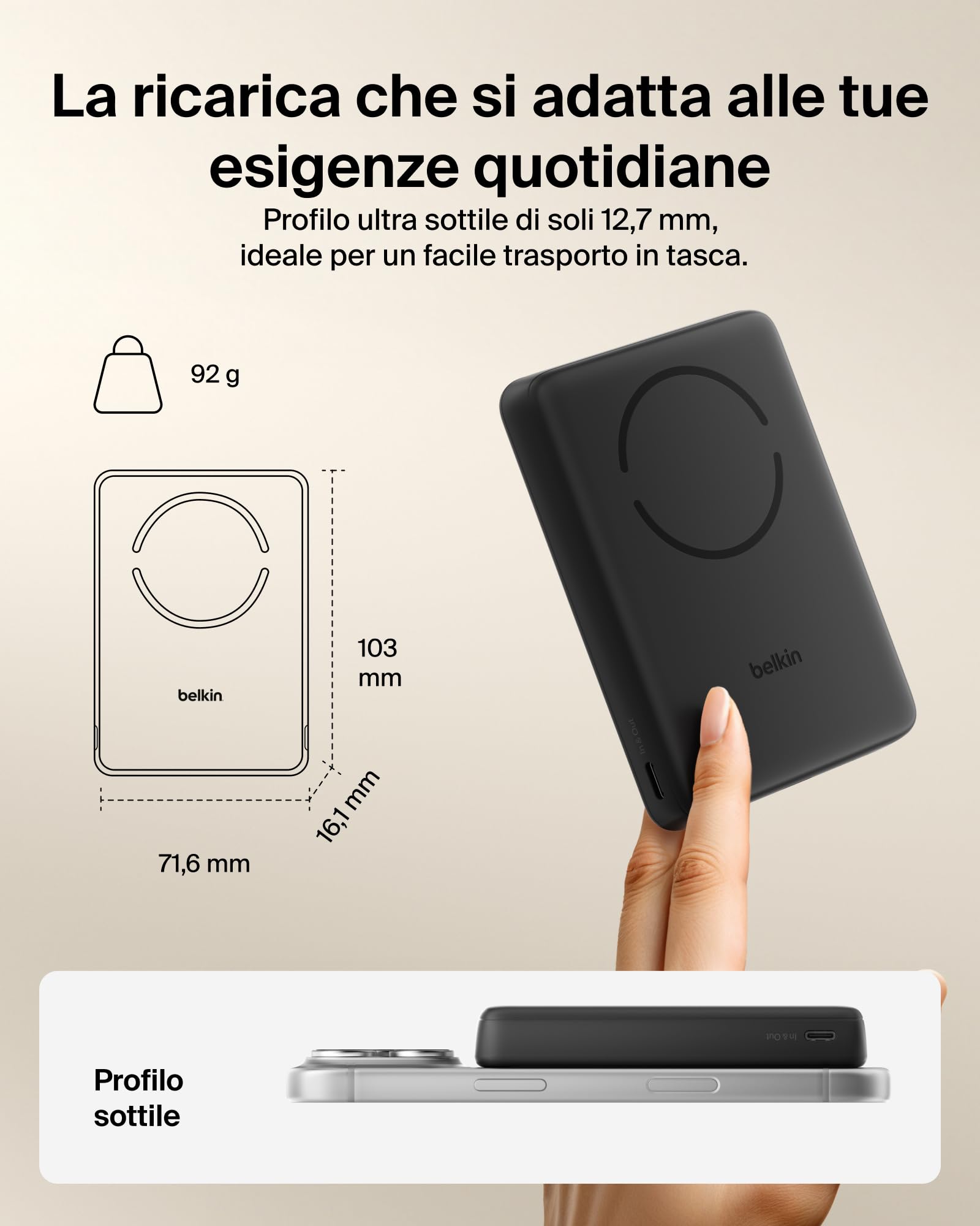 Belkin BoostCharge Power Bank Magnetico 10000mAh, Anello Magnetico - Nero | Caricatore Portatile 10000mAh Wireless, Anello Magnetico per Aggancio ad Accessori, 2 USB-C, Pre-Caricato, Cavo Incluso