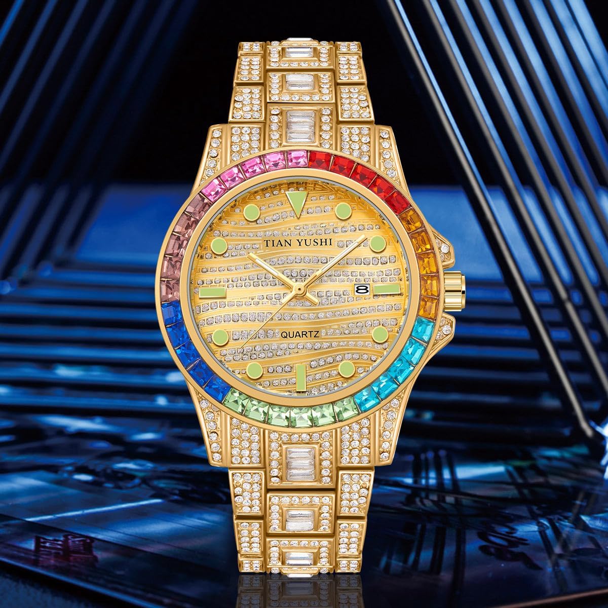 Lüks, göz alıcı, renkli, tamamen elmas işlemeli, moda tarzı kuvars analog paslanmaz çelik bileklikli kol saati