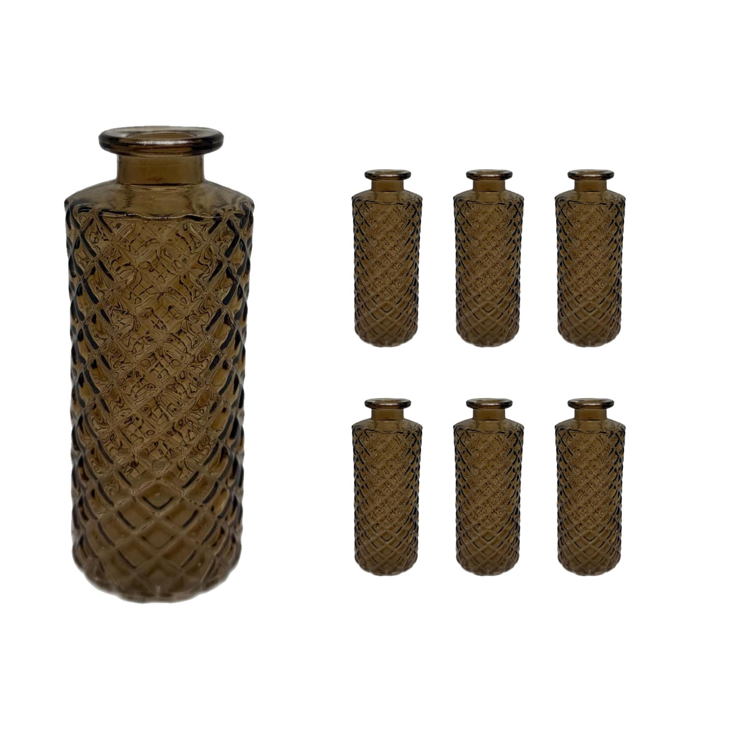 Relaxdays vases, set of 6, rhombus pattern, vintage, glass, HxD: 13 x 5 cm, mini vases for table decor, brown