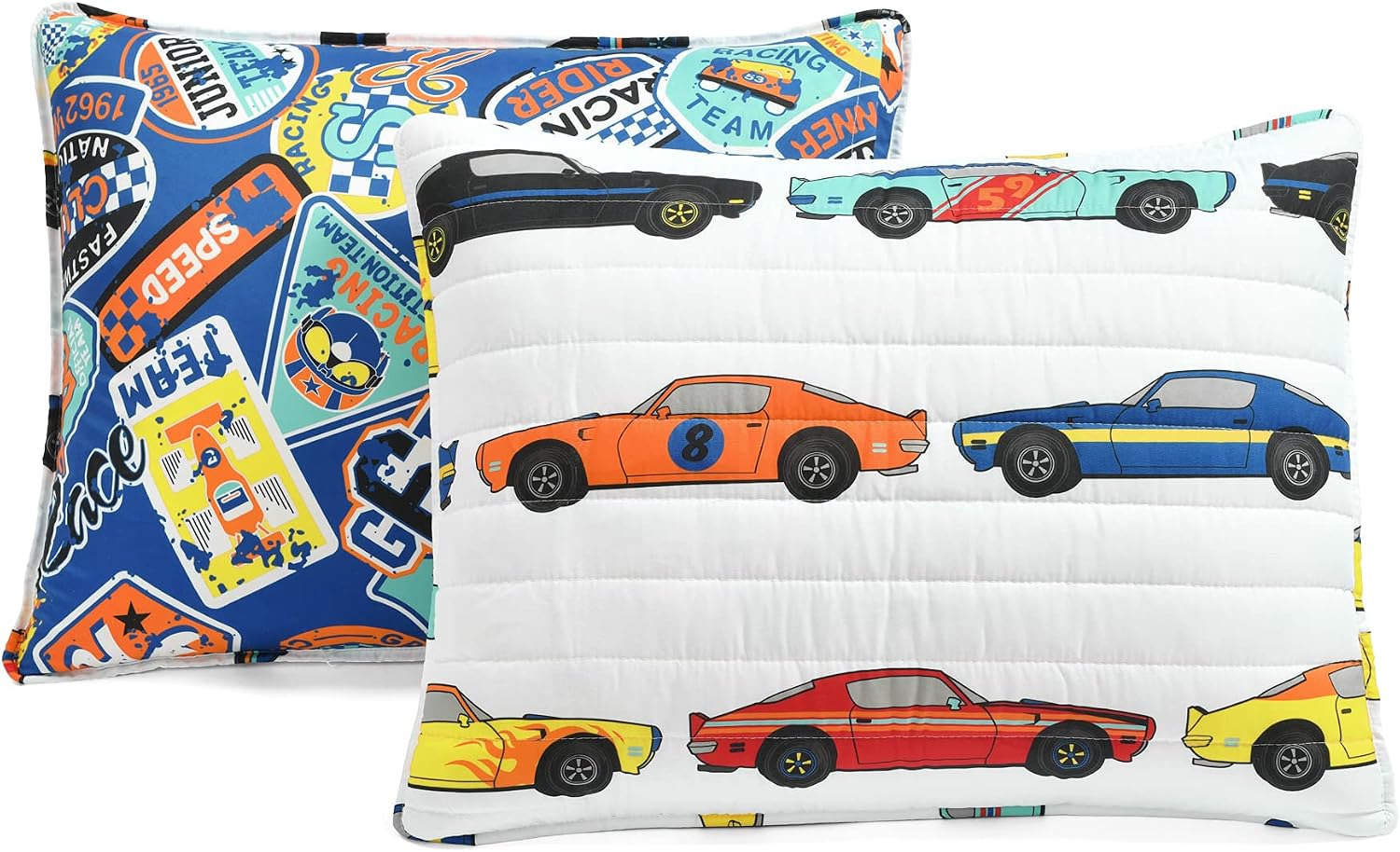 Lush Decor Race Car Kids' 3-Piece Quilt Bed Set, Reversible Bedding Set for Boys, White, Full/Queen