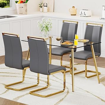 Ebullient Glass Dining Table Set for 4,5 Piece Dining Table and Chairs Set,Modern Kitchen Dining Room Table with 4 PU Leather Chairs,Dinner Table Set