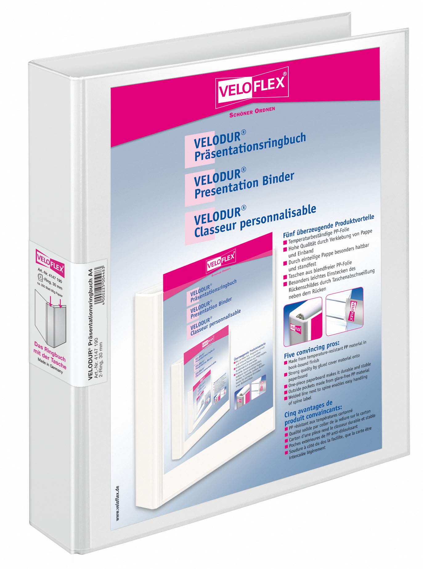 Veloflex VELODUR Presentation Binder – White Polypropylene (PP) (Polypropylene (PP) Ring Binders, A4, White, 300 Sheets, 80 g/m², 3 cm)