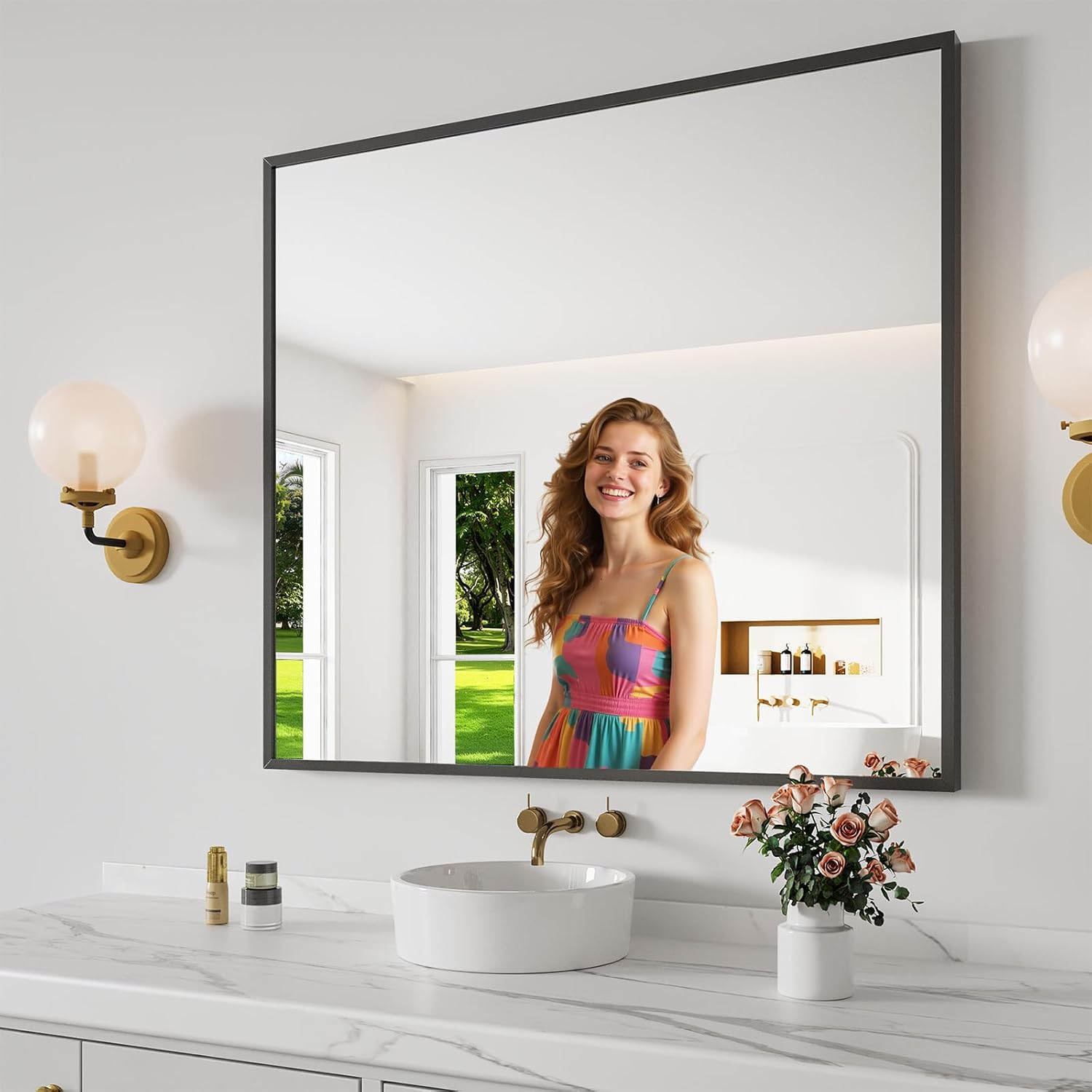 Bathroom Mirror 36"x40" Matte Black Rectangle Bathroom Wall Mirror for Over Sink, Modern Large Vanity Mirror, HD Tempered Glass, Anti-Rust Aluminum Alloy Frame, for Living Room, Bedroom, Entryway