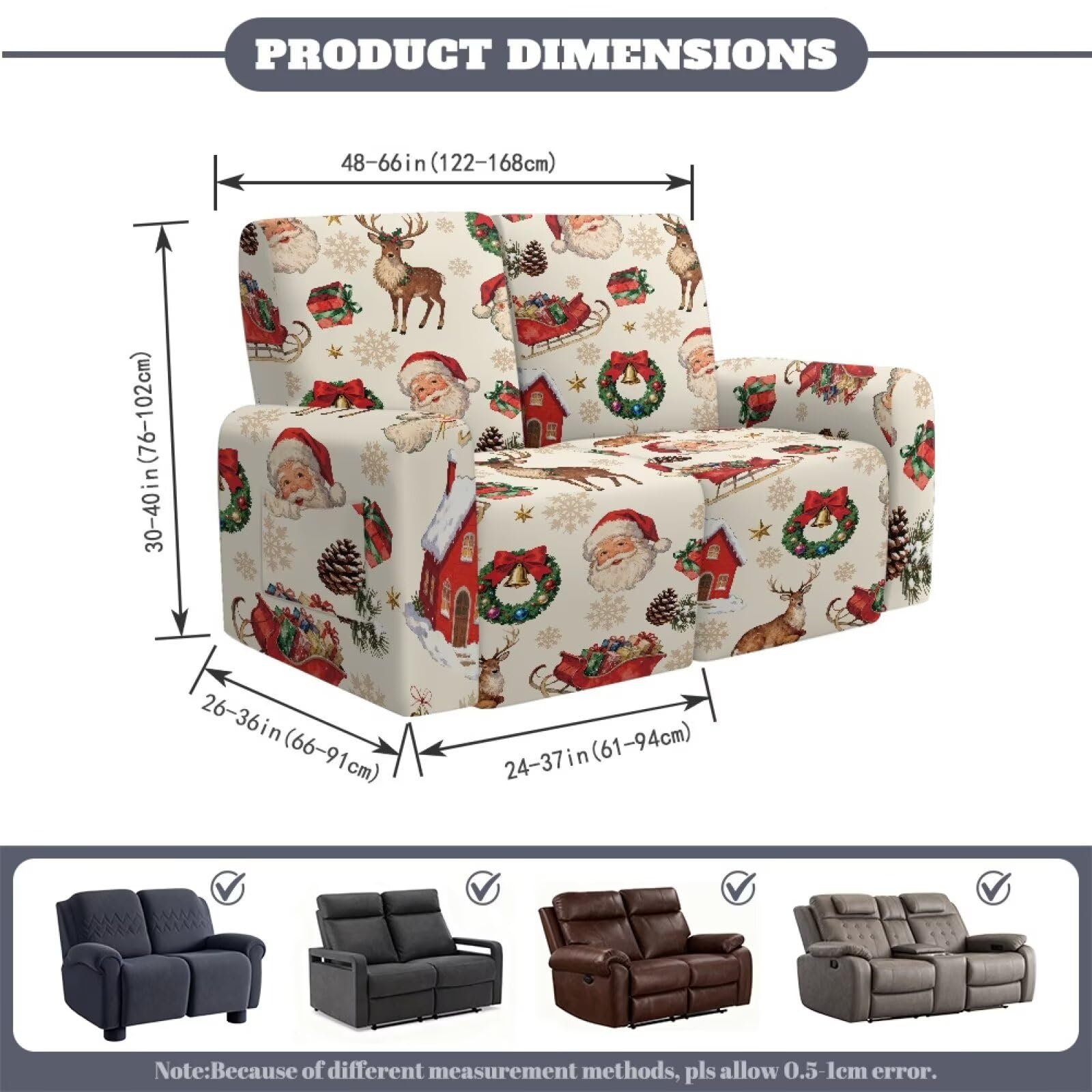 Świąteczny pokrowiec na leżankę Loveseat, beżowy, Święty Mikołaj, miękkie pokrowce na kanapę z boczną kieszenią, do sypialni, sanek, odporny na plamy, ochraniacz na meble, pokrowiec do hotelu