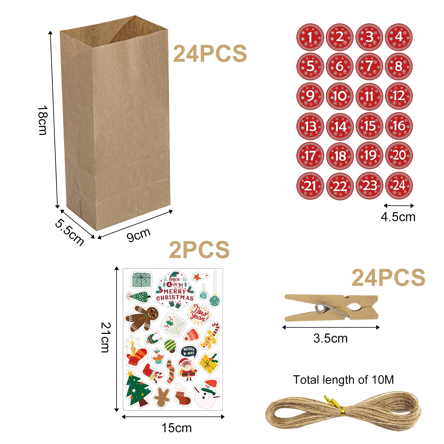 Pegatinas rellenables para calendario de Adviento 24 bolsas papel kraft navideñas números clips cordeles bricolaje