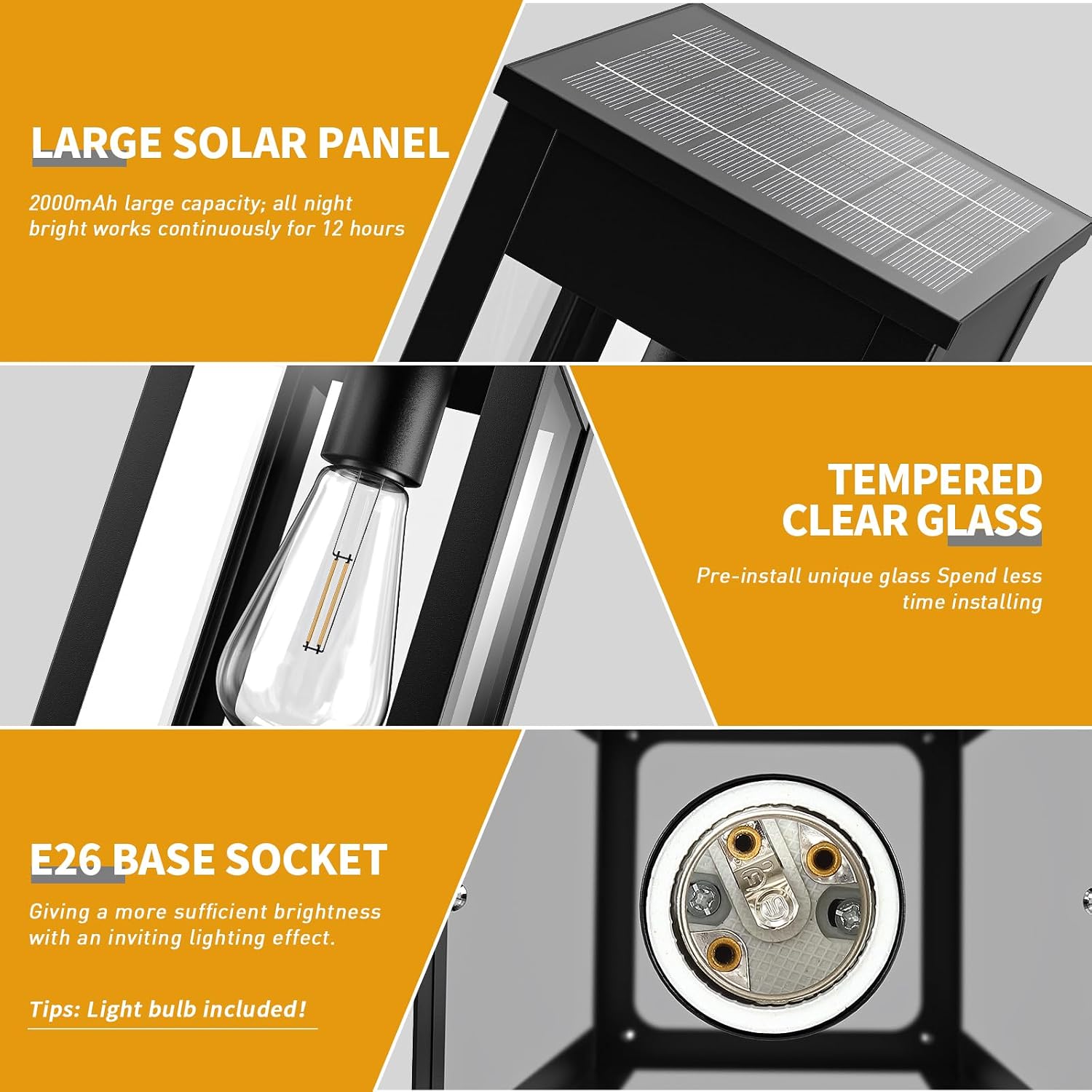 15.5'' Outdoor Solar Post Light, Dusk to Dawn Solar Lamp Post, Black | Lamp Posts Light Fixture, Waterproof Outdoor Pole Lights for Yard Garage Porch Patio, 1Pack (Included Mounting Base)