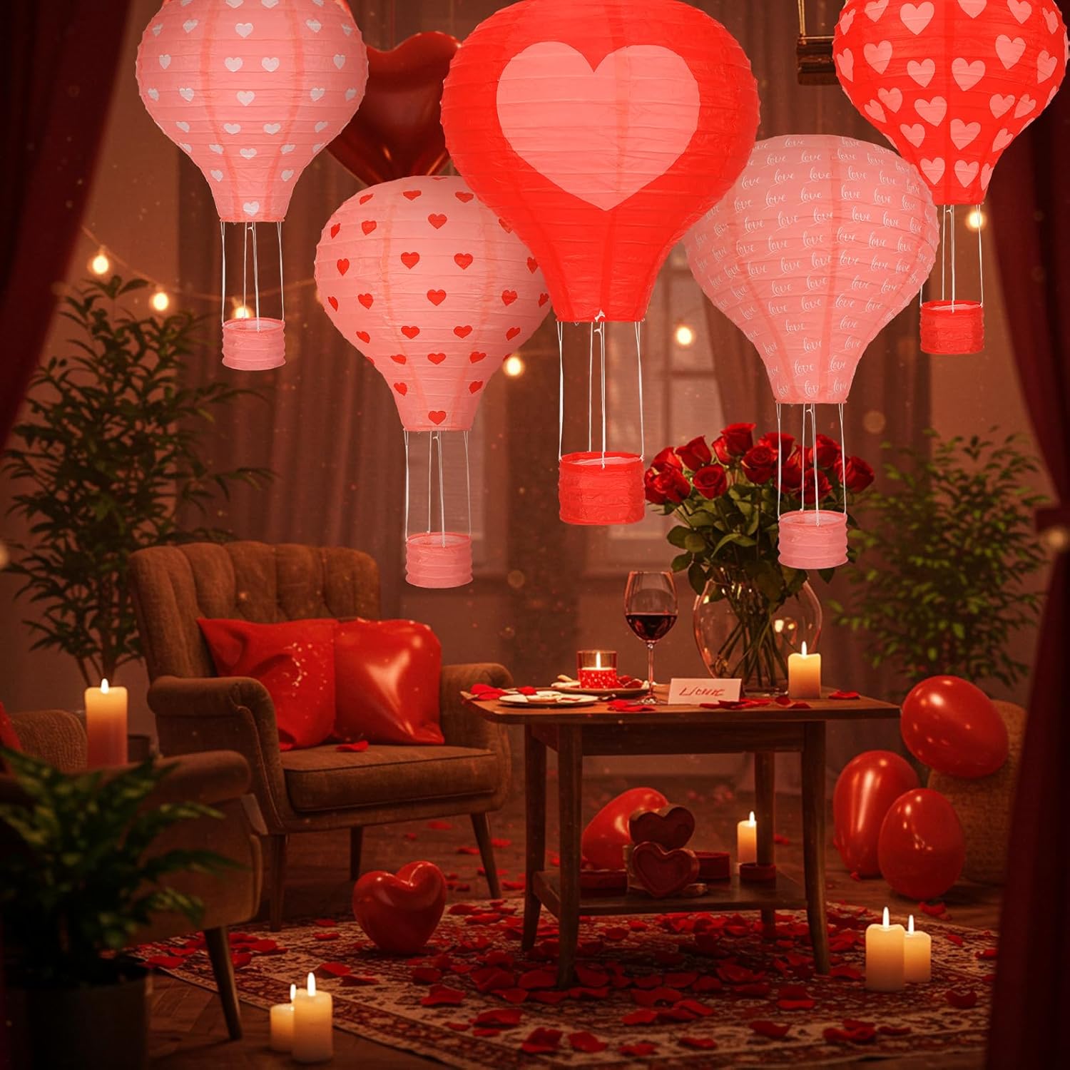 5 Pieces Valentines Hanging Hot Air Balloon Paper Lanterns Set 12 Inches Hanging Valentines Party Decorations with Red Pink Heart Design for Wedding Bridal Shower Bachelorette Party Home Decor