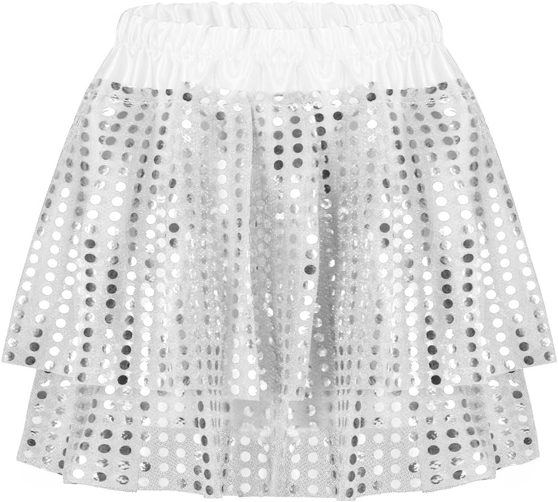Kids Girls Shimmer Sequins Tiered Latin Jazz Dance Skirt Elastic Waistband Ballet Tutu Skirts