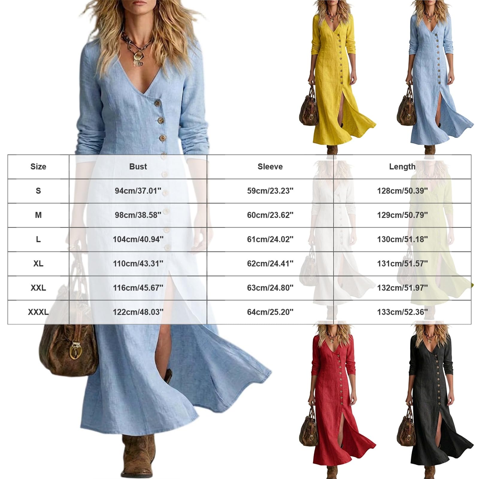 Abito in Lino Donna Abito da Donna in Cotone e Lino con Scollo a V, Bottoni, Maniche Lunghe, Ampio e svolazzante, Perfetto per L'Estate, Stile Boho, con Spacco Laterale, Vestito Estivo Elegante
