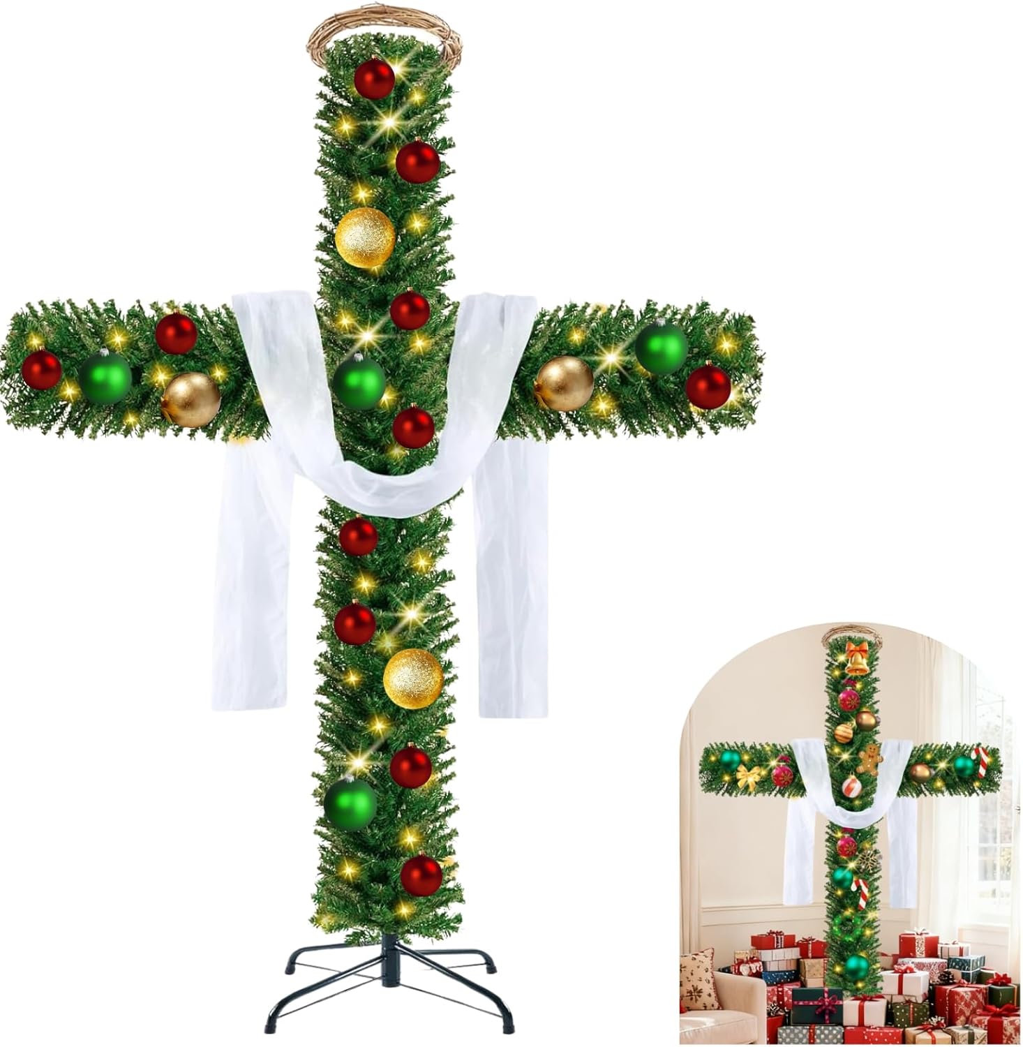 Large 6ft Cross Christmas Tree with Lights and Hanging Balls?Included White Silk Scarf & Crown of Thorns Jesus Christian Ornaments for Christmas Easter Outdoor Home Decor