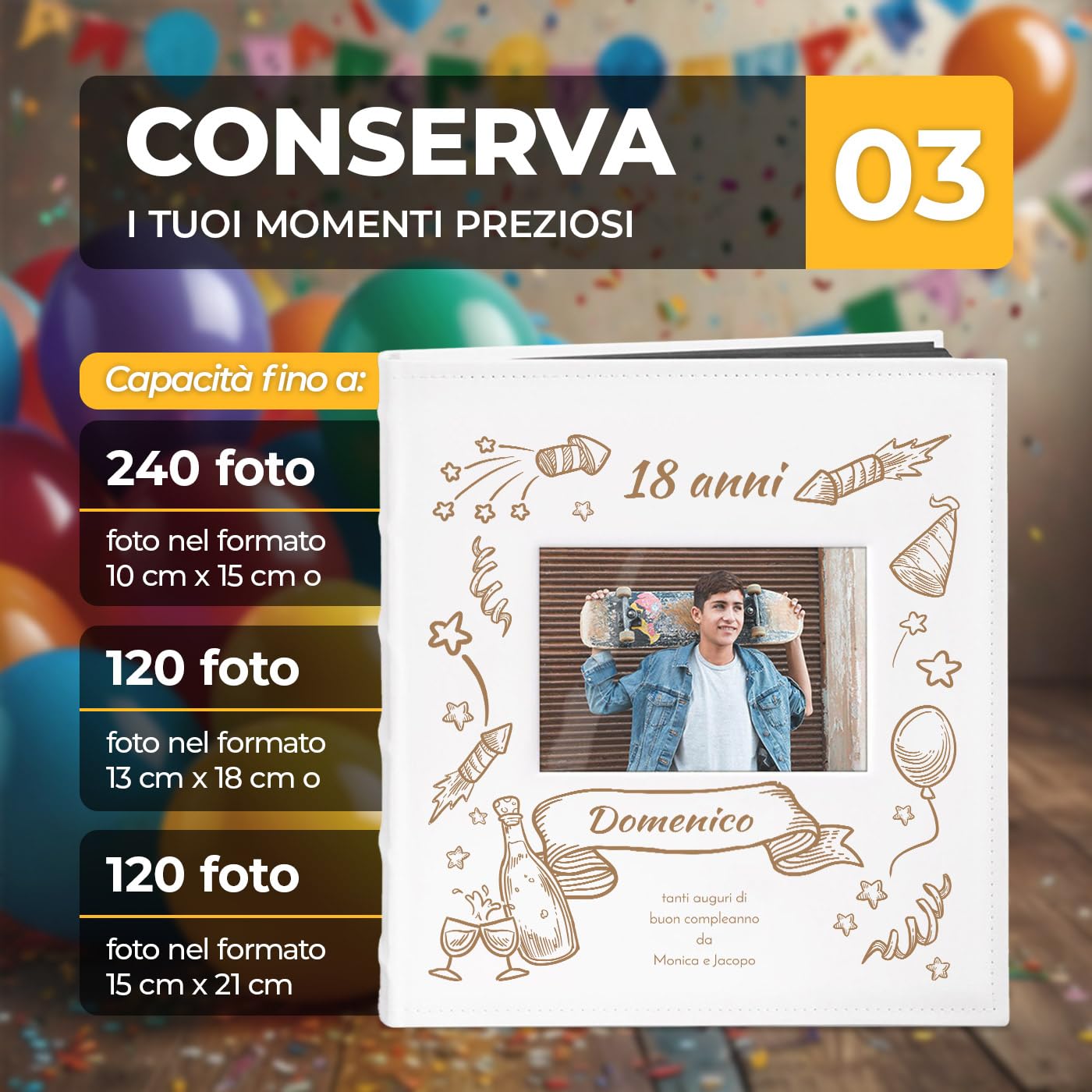 Maverton Album Fotografico, Copertina Rigida in Pelle Sintetica | Bianca con Finestra e la Personalizzazione ad Incisione Laser, 60 pagine nere, 240 foto 10x15 cm, regalo uomo, 18 anni