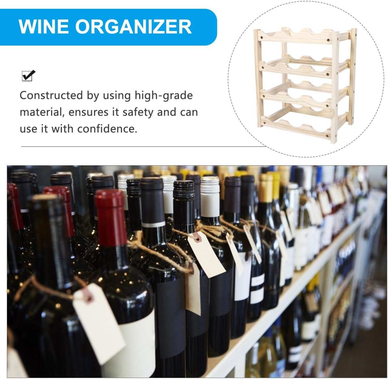 Wooden Wine Rack for 12 Bottles Sturdy Household Wine Storage Holder Decorative Bottle Stand for Home Bar and Kitchen