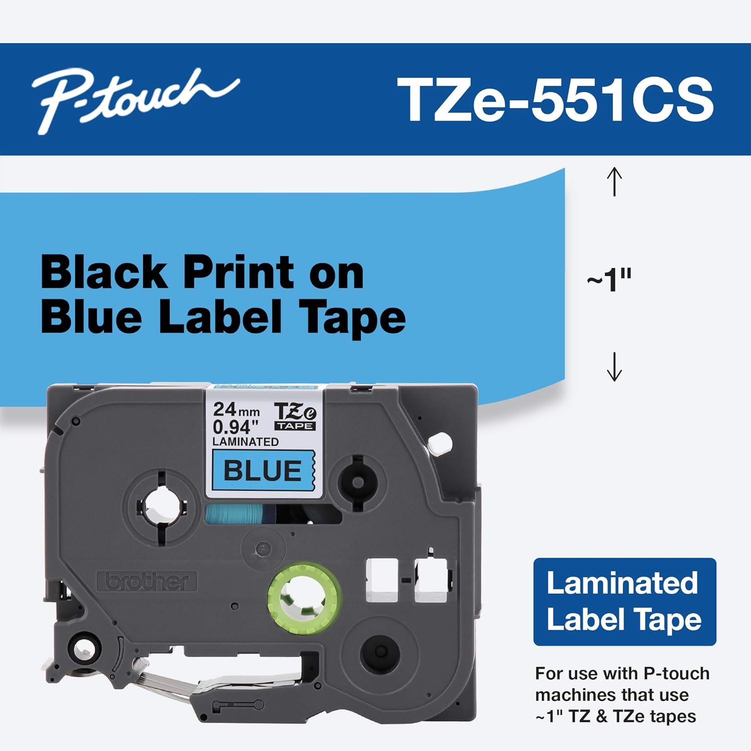 Brother Genuine P-touch, TZe-551CS, 0.94” x 26.2’, Black on Blue Laminated Label Tape : Electronics