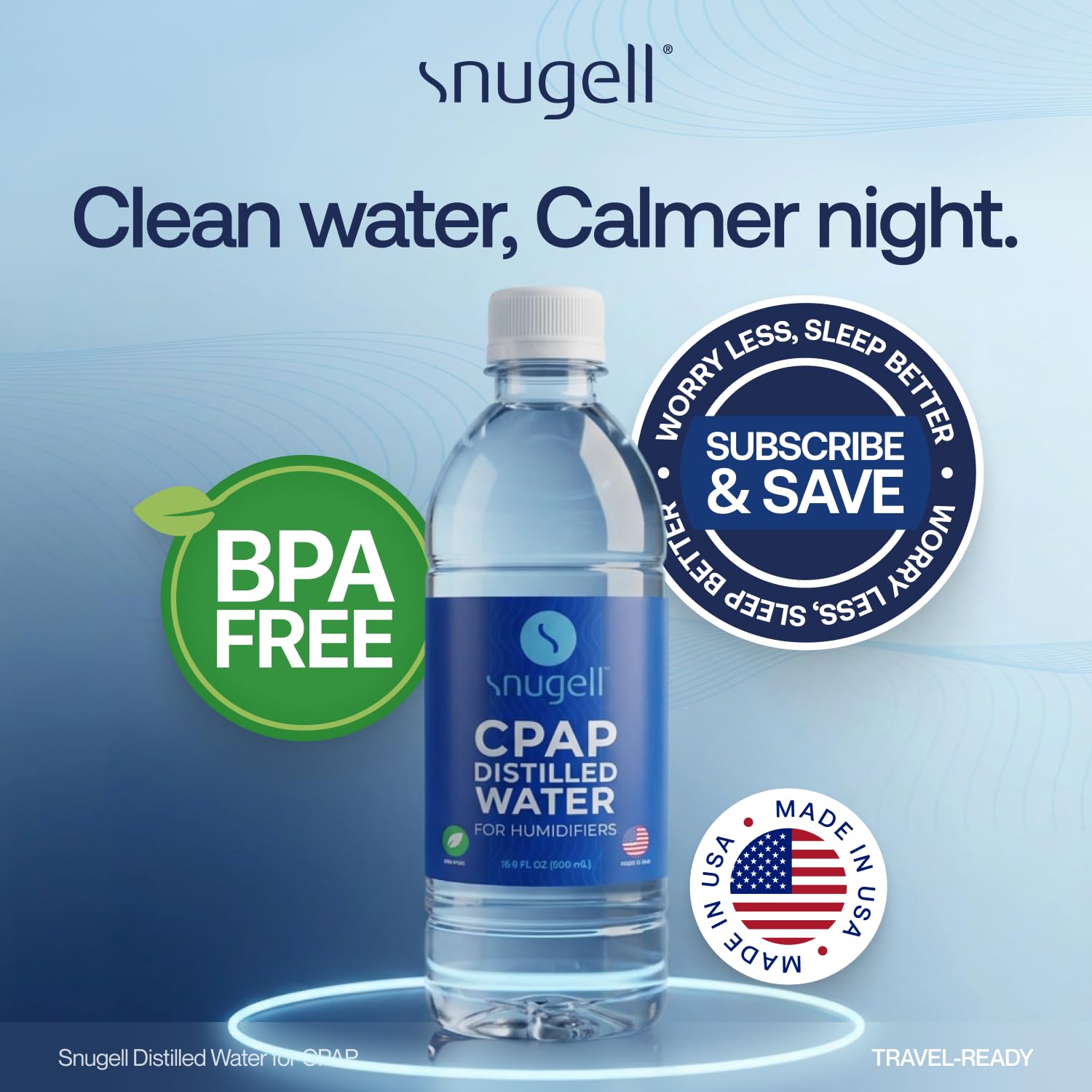 Snugell Agua destilada para humidificadores CPAP | Paquete de 12 botellas 16.9 oz H20 | Apto para viajes | 16.9oz H2O | Fabricado en Estados Unidos |