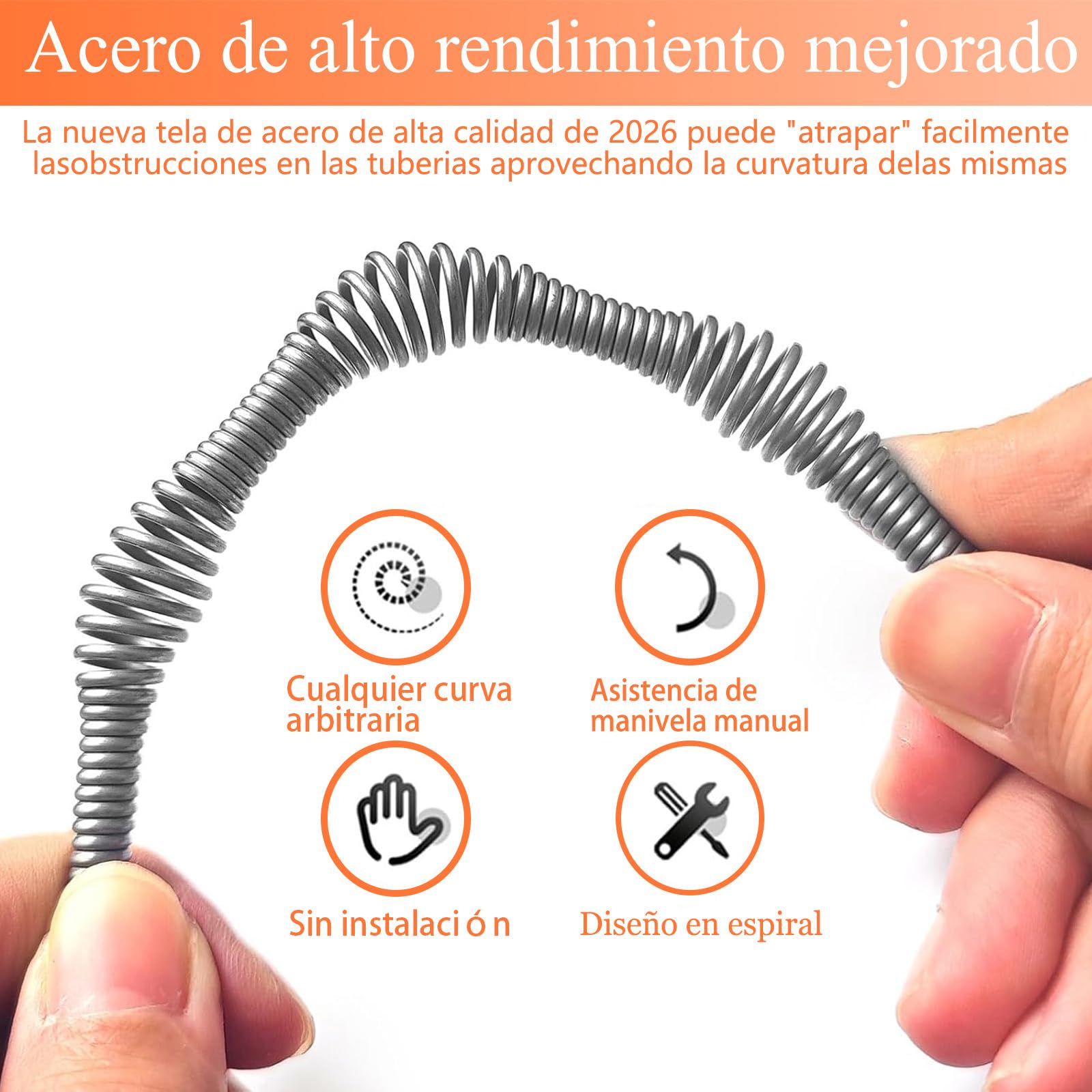 Desatascador Tuberias Profesional 10M, Desatascador de Tuberias con Cable Flexible de Acero, Serpiente Desatascadora para Fregadero, Ducha, Bañera, WC y Desagües, Elimina Atascos de Pelo y Suciedad