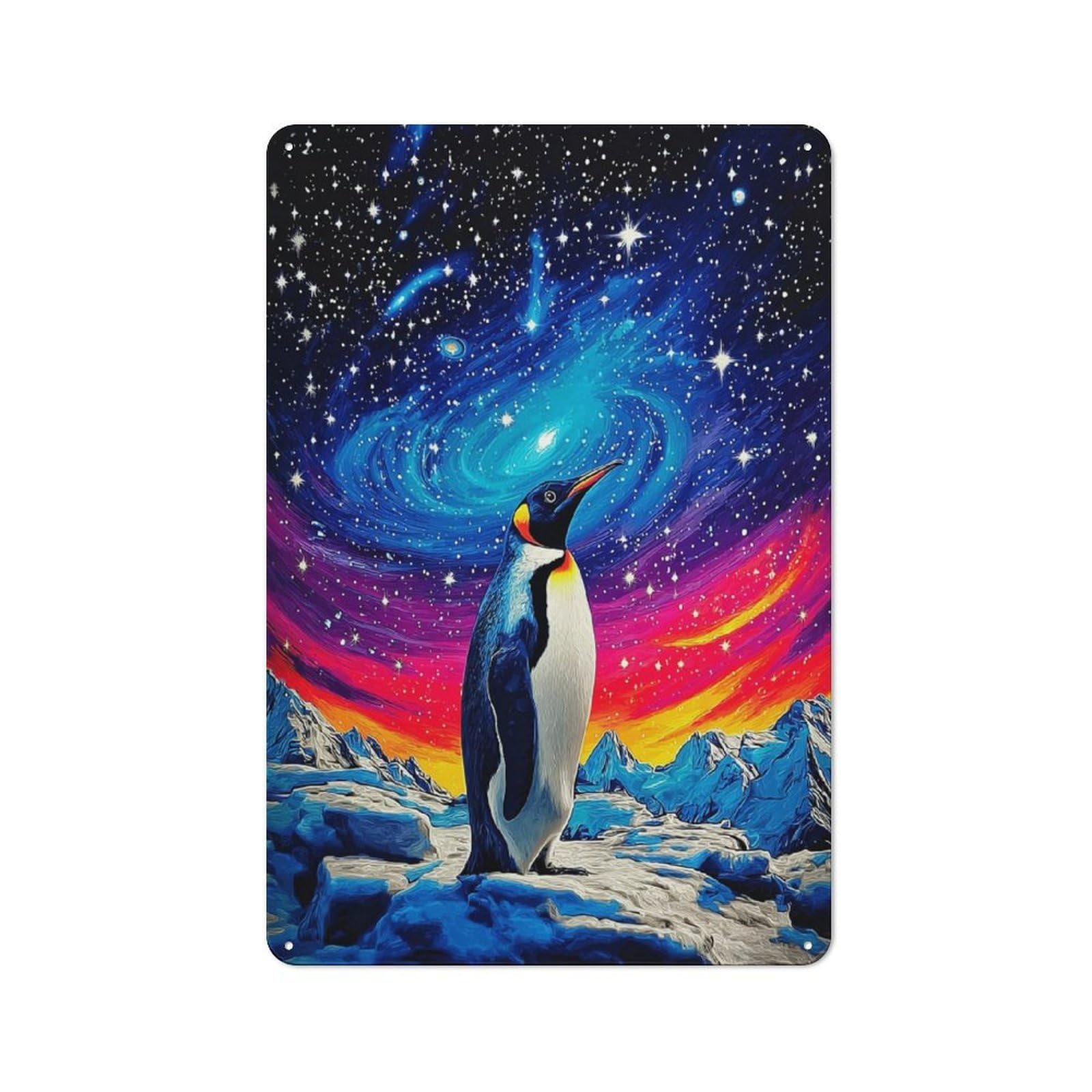 Rustic Penguin in Cosmic Landscape -2 Decorative Tin Sign 30x20cm, Cottage Wall Art for Cottage, Kitchen, Hallway Or Breakfast Nook