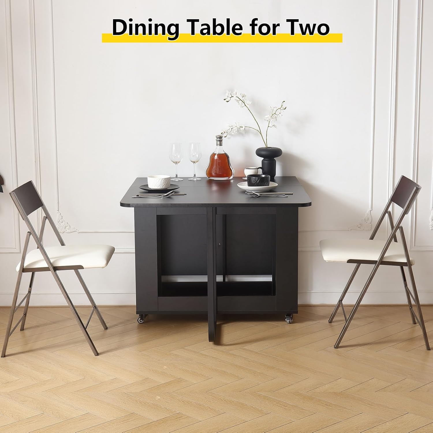Folding Dining Room Table with Two Drawers for 4/6 with Space Saving Drop Leaf Table,Lockable Wheels & Storage, Heavy Duty Plywood Top 300lb, Convertible Desk for Apartments/RV/Home Office