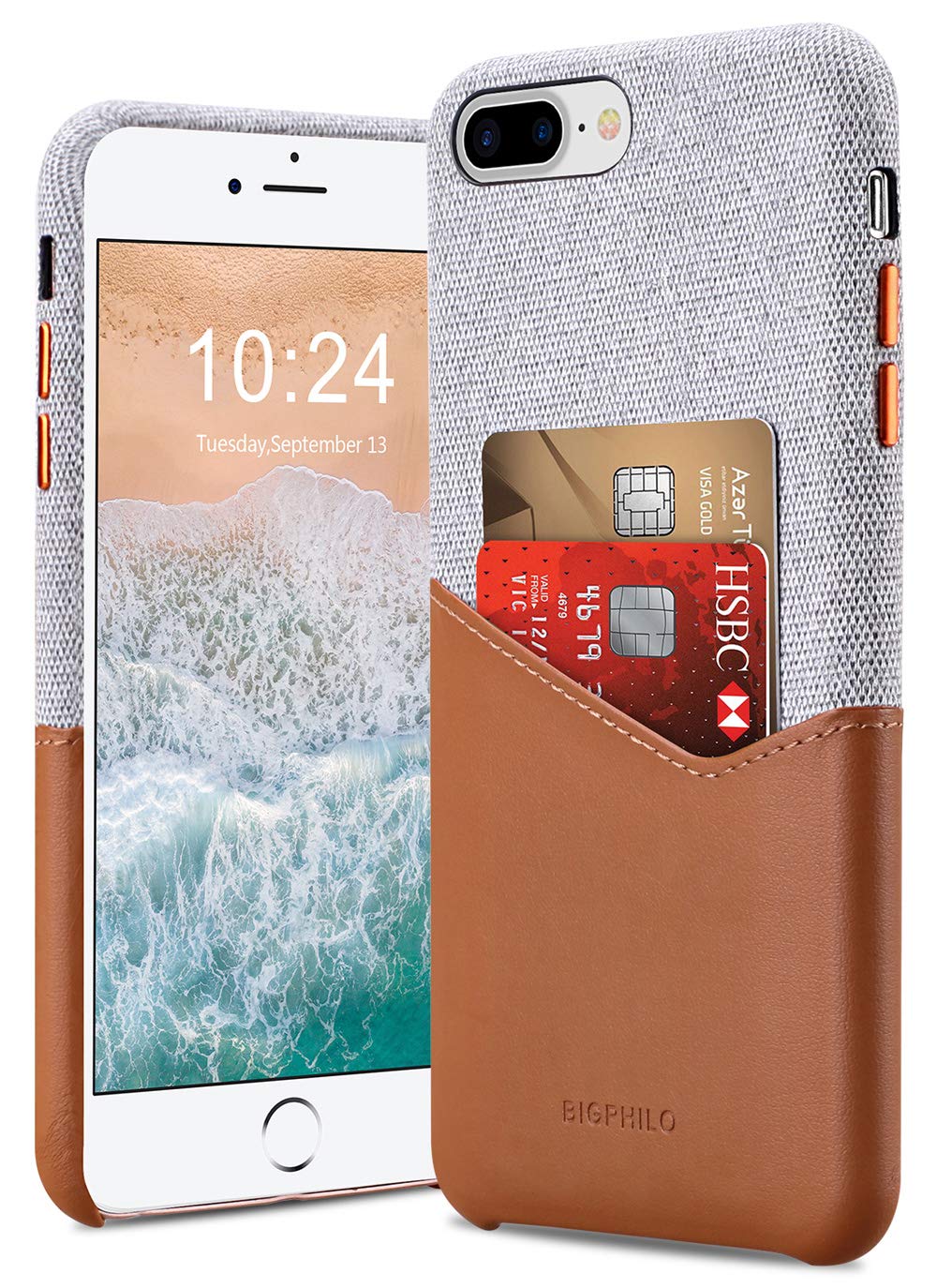 BIGPHILO iPhone 7 Plus Case & iPhone 8 Plus Case with Card Holder, Mix Series Wallet Style Slim Cover, Soft-Touch Fabric with Vegan Leather Case for iPhone 7 Plus and iPhone 8 Plus - Gray/Brown