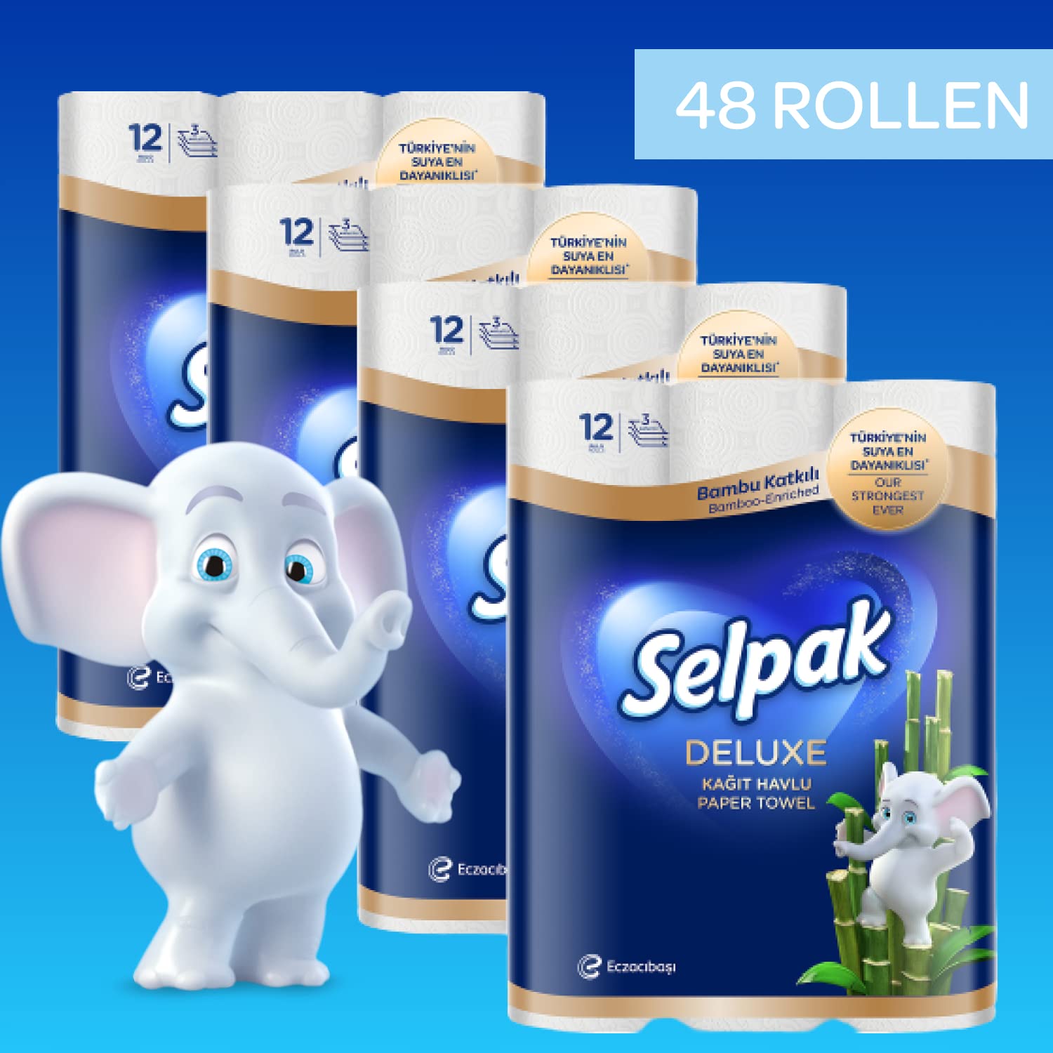Selpak Deluxe Küchenrolle 3-lagig, 3600 Blatt Feuchtigkeitsbeständige, Papiertücher super saugfähige, wiederverwendbare Bambus-Küchenrolle, Elefant geprägtes Haushaltstücher-Küchenpapier, Handtuchroll