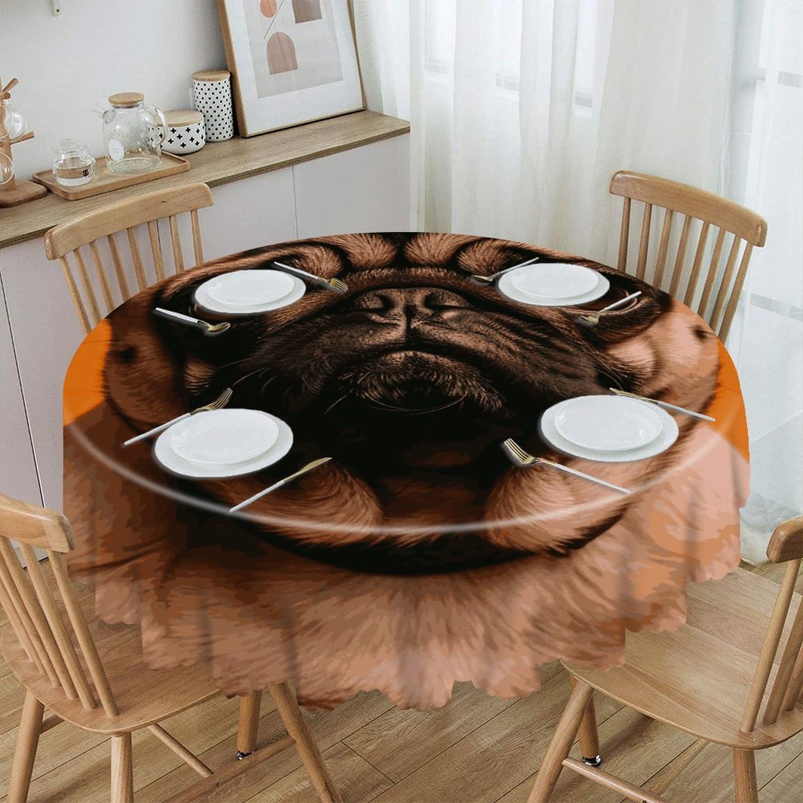 VstaDank A Pug Round Tablecloth 60 Inch Easy to Clean Circle Table Cover Thick Decorative Round Polyester Table Cloth for Dining Kitchen Party Farmhouse Outdoor