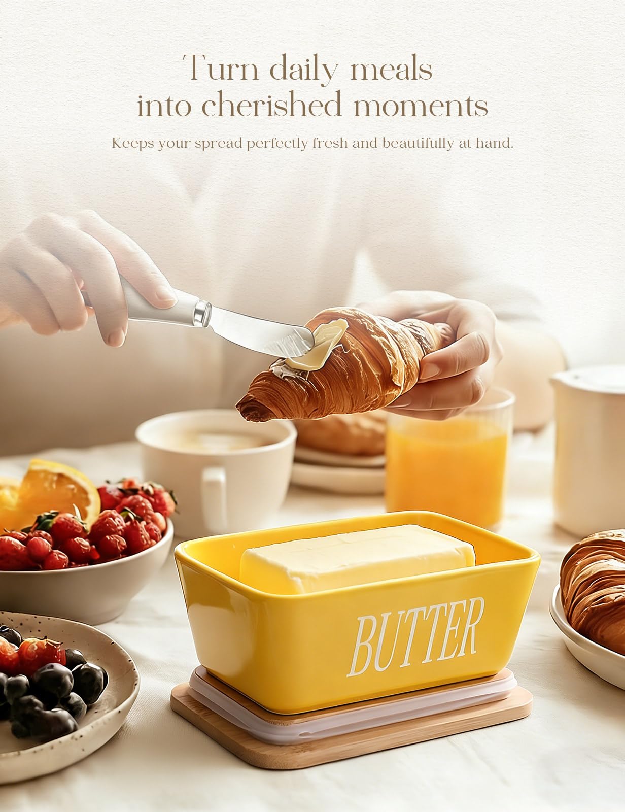 Ceramic Butter Dish with Lid and Knife Silicone Seal for Countertop Yellow 3