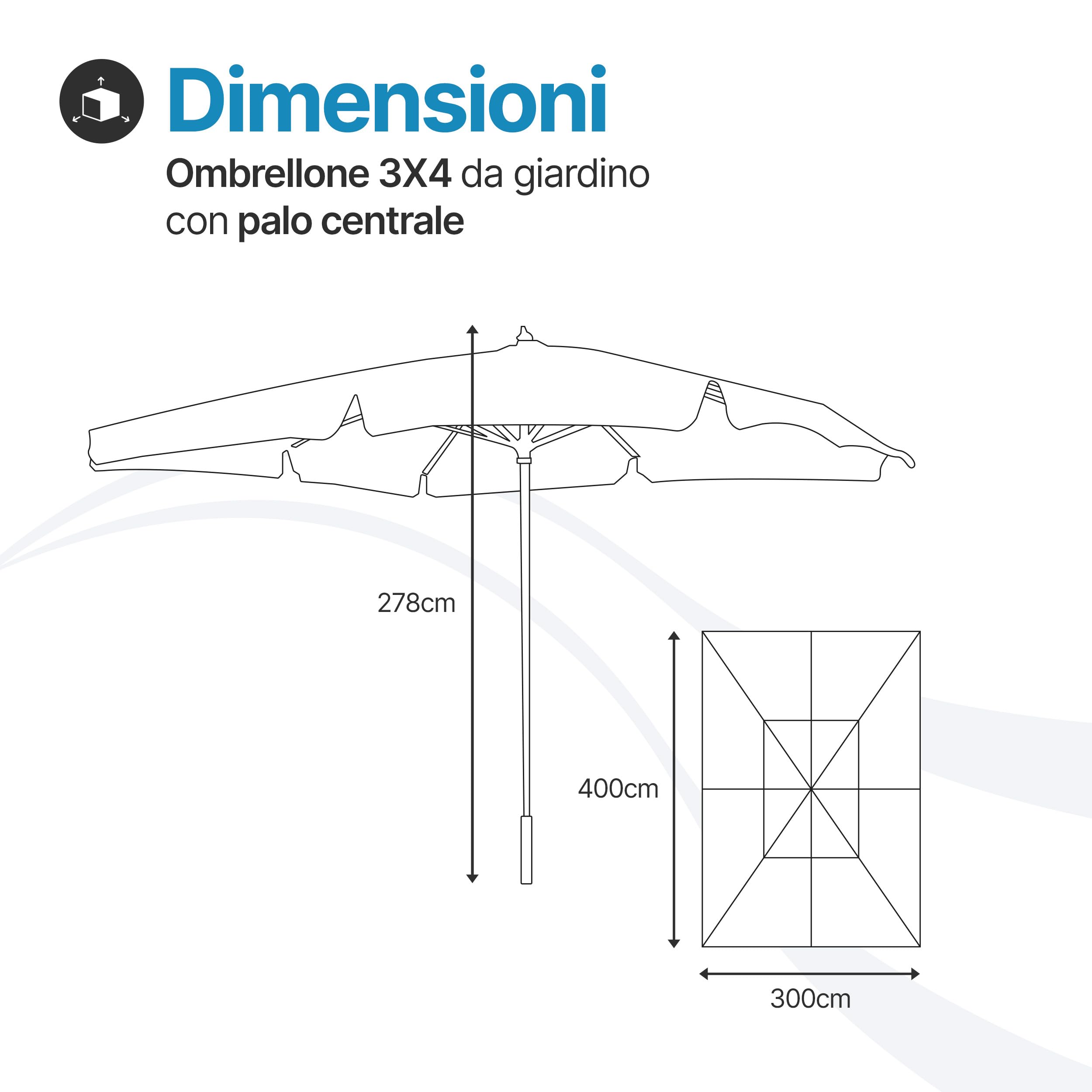Tomaino - Ombrellone Da Giardino 3x4 cm Quadrato Lux - Ombrellone da Esterno con Apertura a Carrucola - Telo Antivento in Poliestere Resistente Resinato 180gr