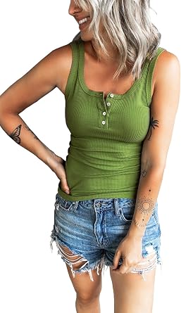 APOFER Womens Tank Tops Summer Casual Sleeveless Ribbed Button Down T Shirts Slim Fit Basic Henley Tops